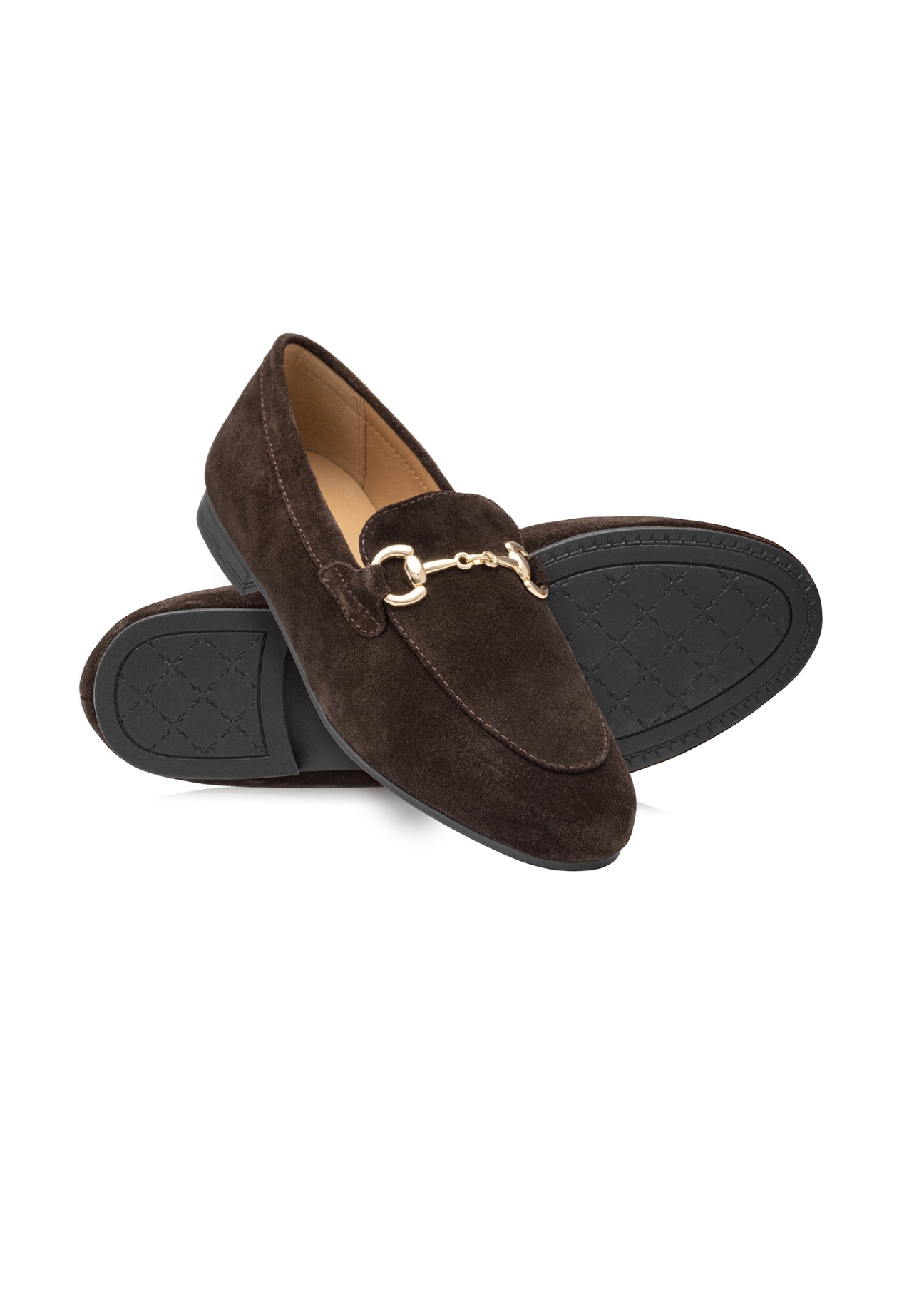Women's brown suede moccasins BUTYD-1257-1I(W26), diagonal product view on white background.