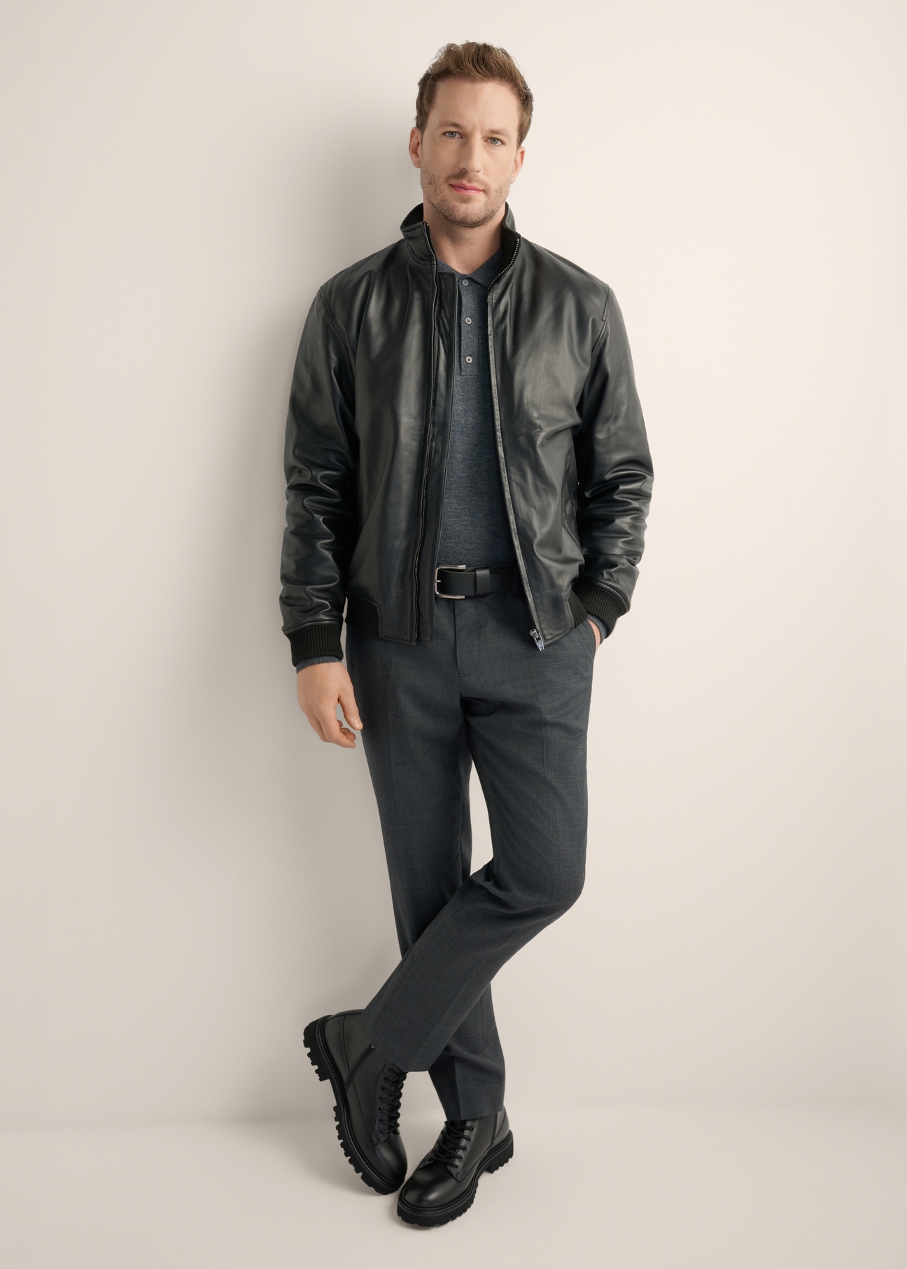 Men's black leather bomber jacket KURMS-0418-99(Z26), front product view on model. Full body visible.
