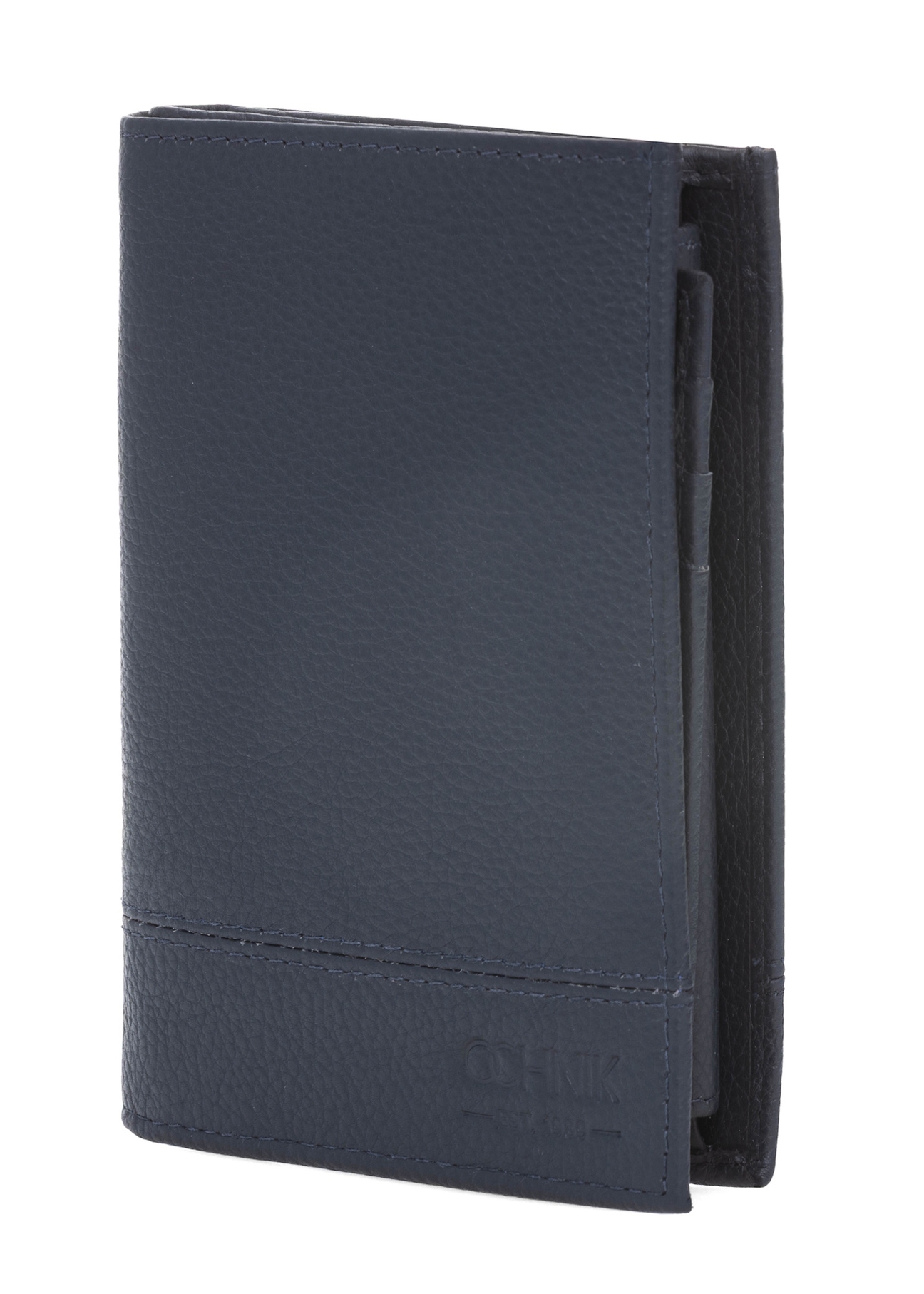 Navy blue men's leather wallet PORMS-0022B-69(W25), diagonal view of the product on a white background.