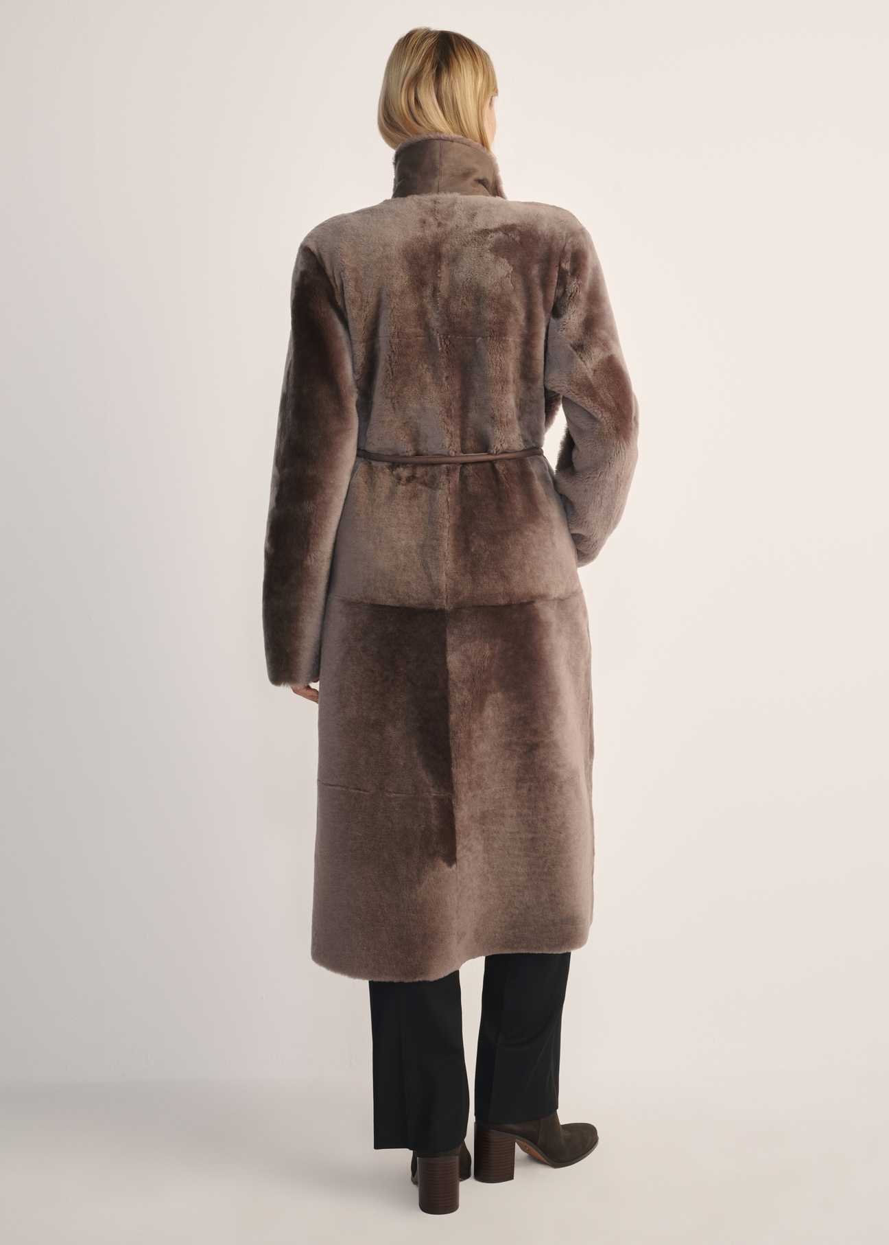 Women's long brown sheepskin coat KOZDS-0086- 3094(Z25) - back view of the product on a model, against a white background. Full body visible.