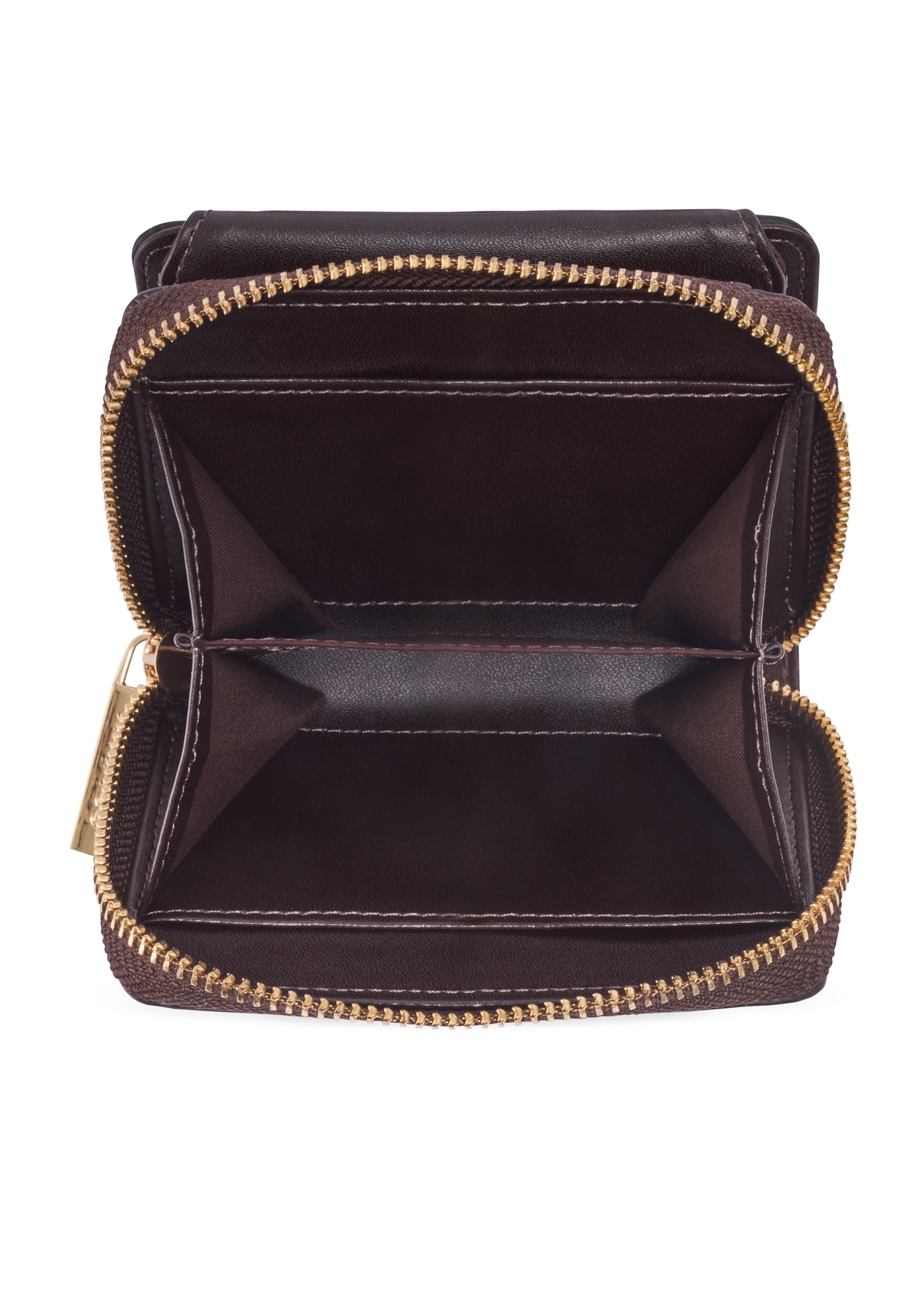Small brown women's wallet with monogram POREC-0349A-1I(Z26), product view inside on white background.
