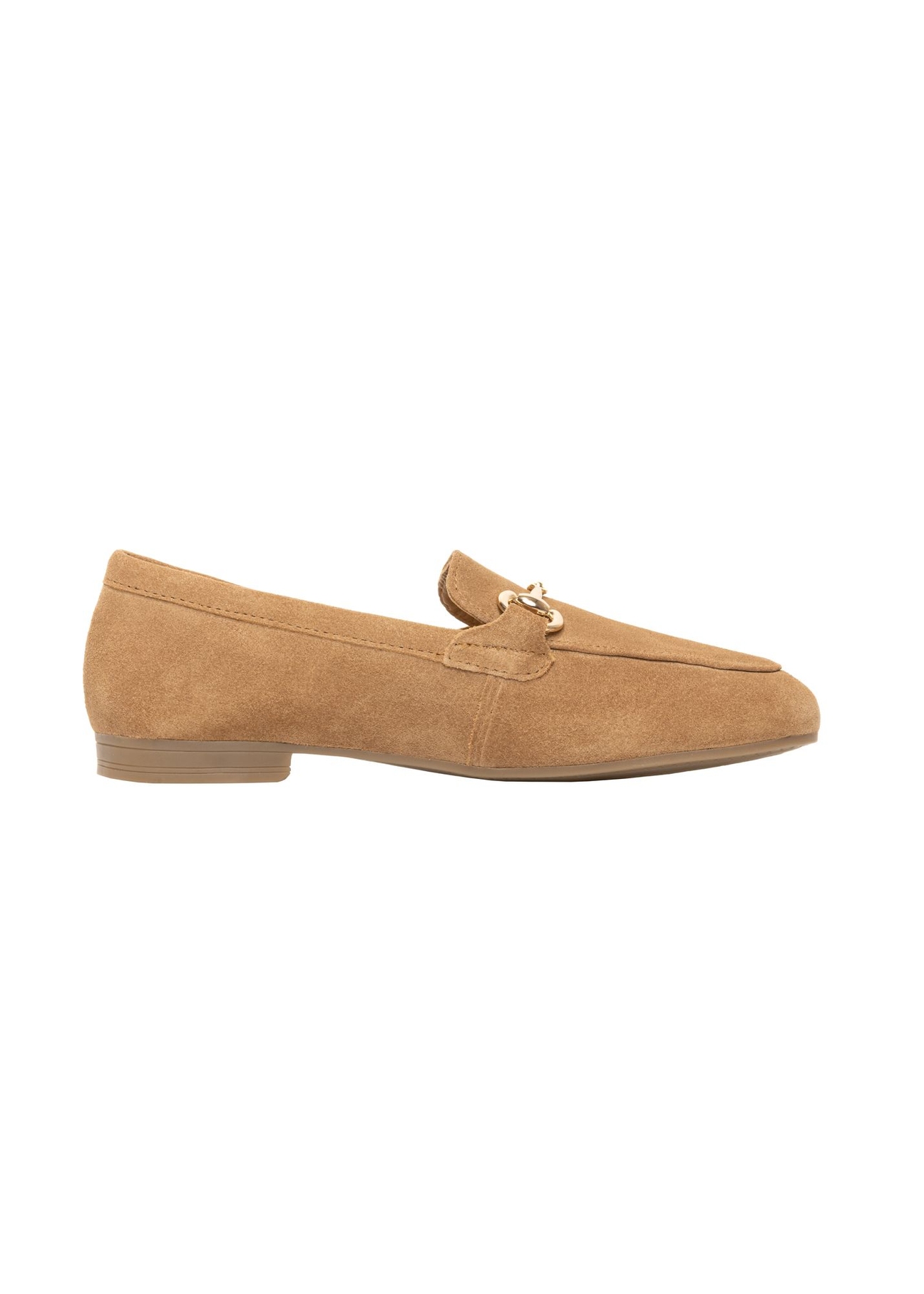 Beige suede women's moccasins BUTYD-1257-1B(W26) - side product view, on a white background.