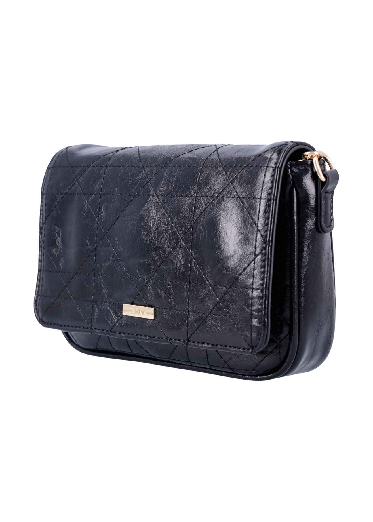 Black small glossy messenger bag TOREC-1254-9F(Z26), diagonal product view on white background.