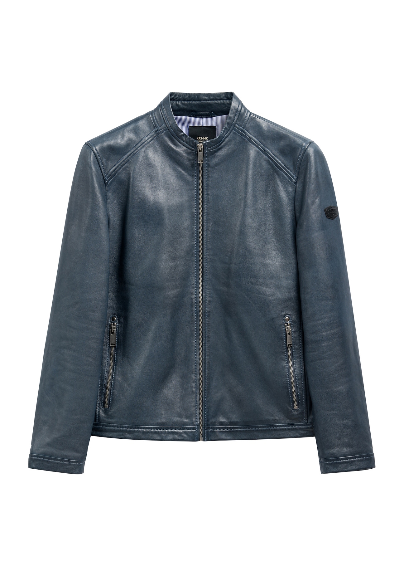 Navy blue men's leather jacket KURMS-0329-7E(W26), front product view on white background.