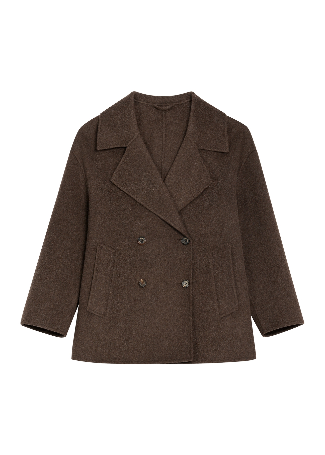 Long brown women's coat with wool PLADT-0070-1K(Z26) - front product view, on white background.