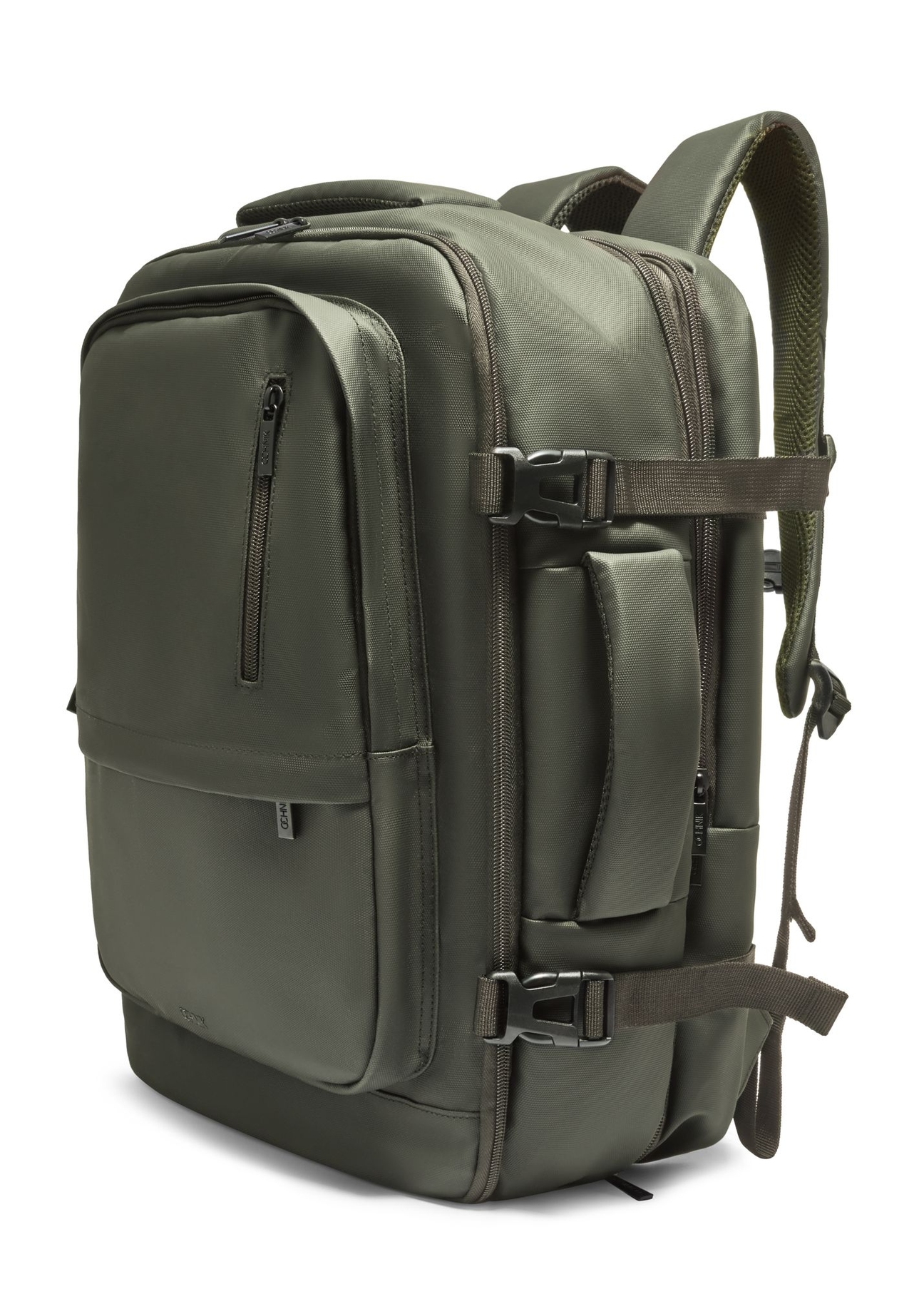 Large khaki travel backpack PLCMN-0018-8D(Z26) - diagonal product view, on a white background.