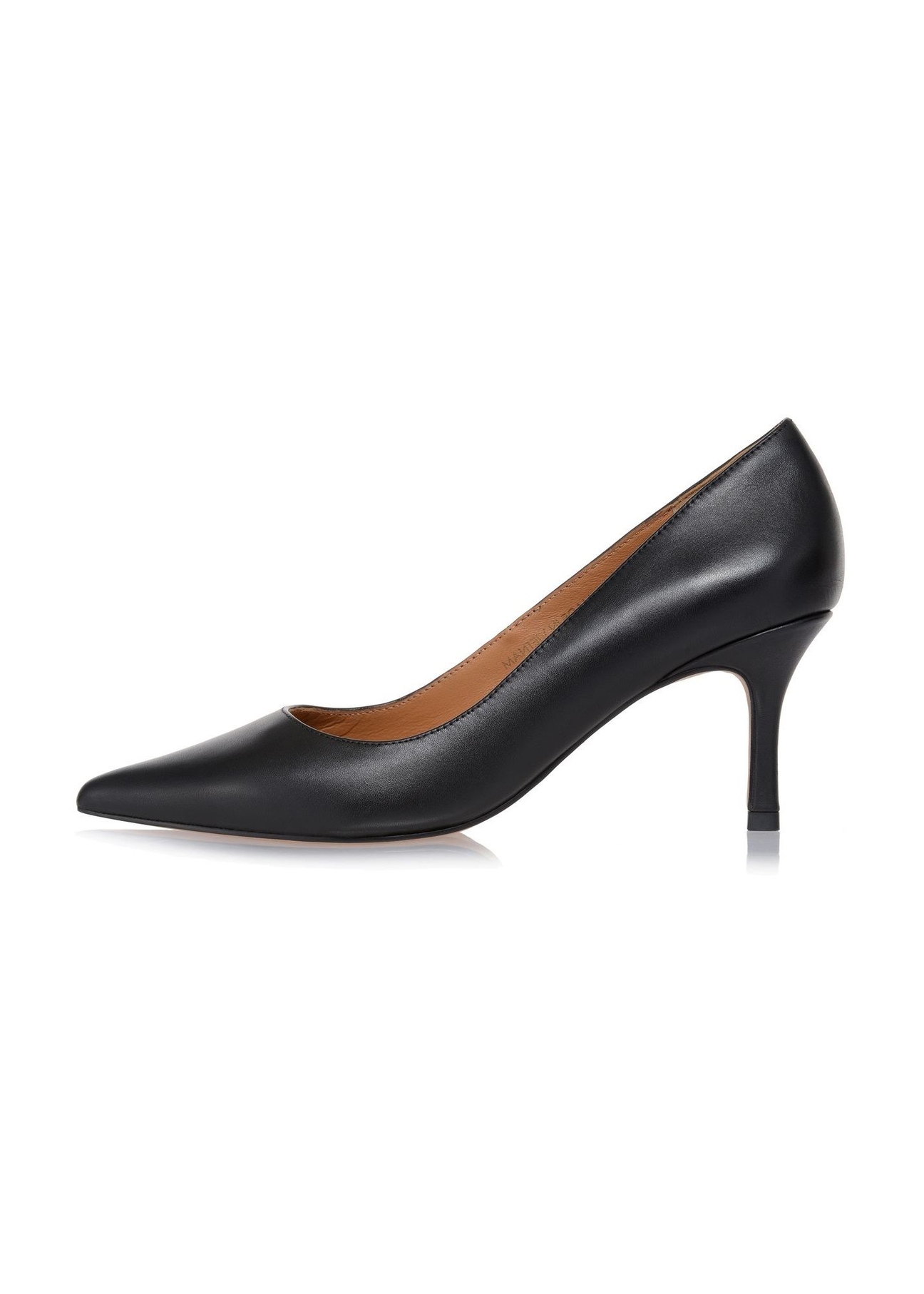 Women's black leather pumps BUTYD-1031A-99(W26), side product view on white background.