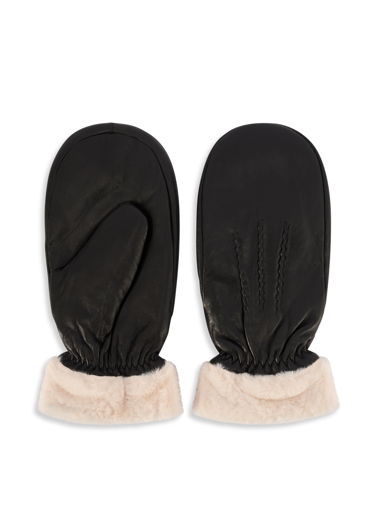 Women's black leather gloves with fur REKDS-0095-99(Z25), front and back product view on a white background.