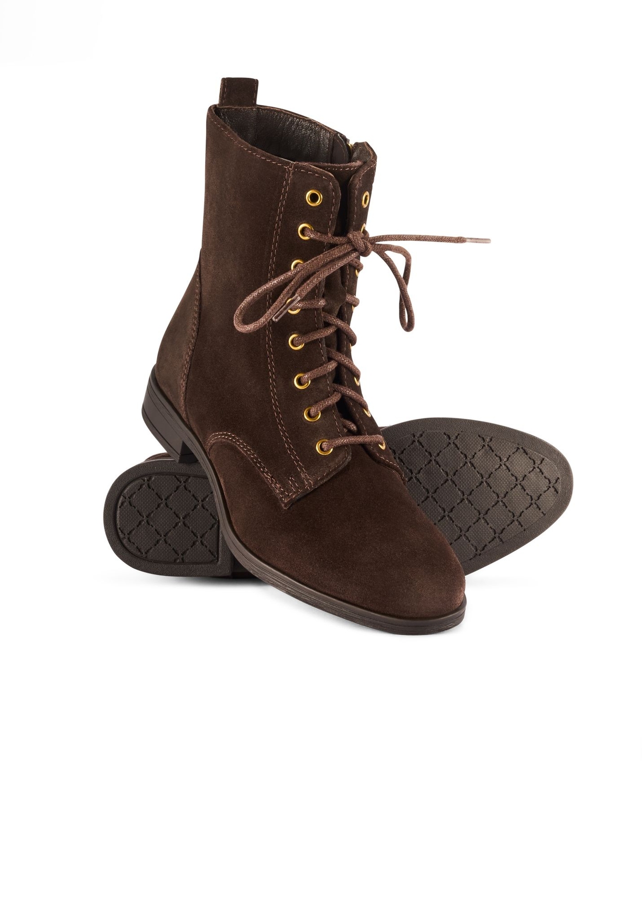 Women's brown suede ankle boots BUTYD-1008-1I(Z26), diagonal product view on a white background.