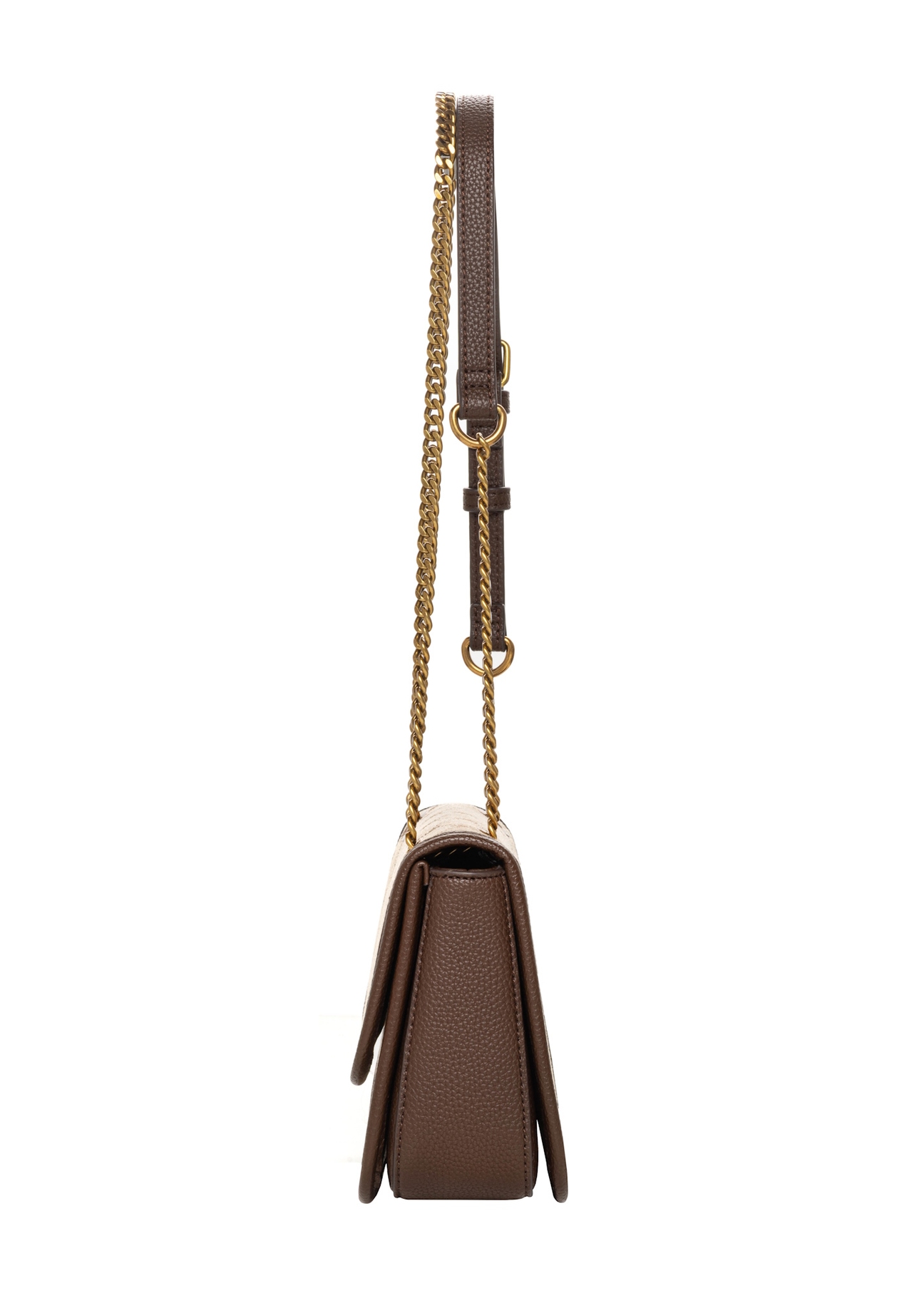 Beige women's handbag with monogram TOREN-0360-1B(Z26), side view of the product on a white background.