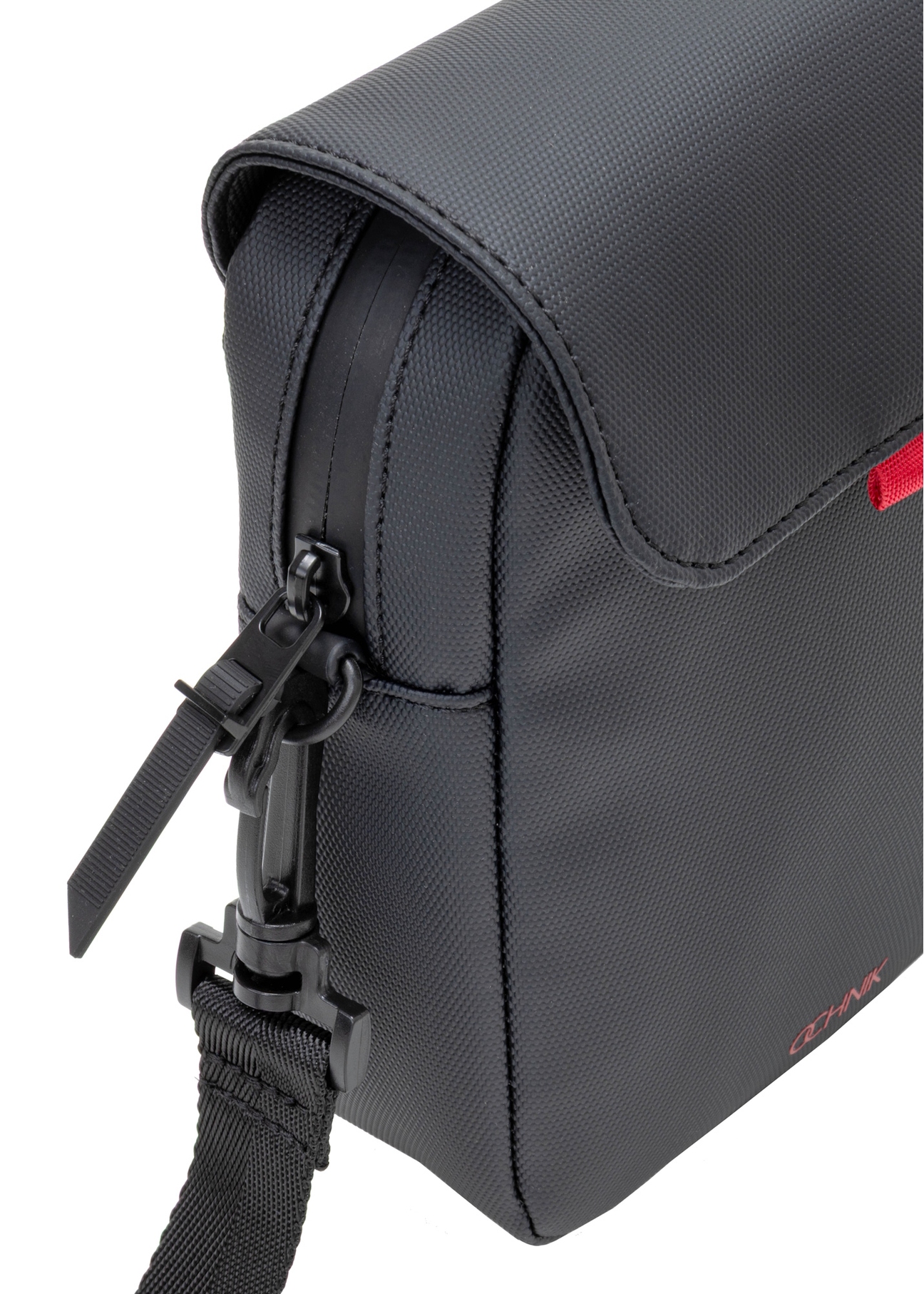 Men's small black messenger bag TORMN-0399-9J(W26), close-up of the product detail on a white background.