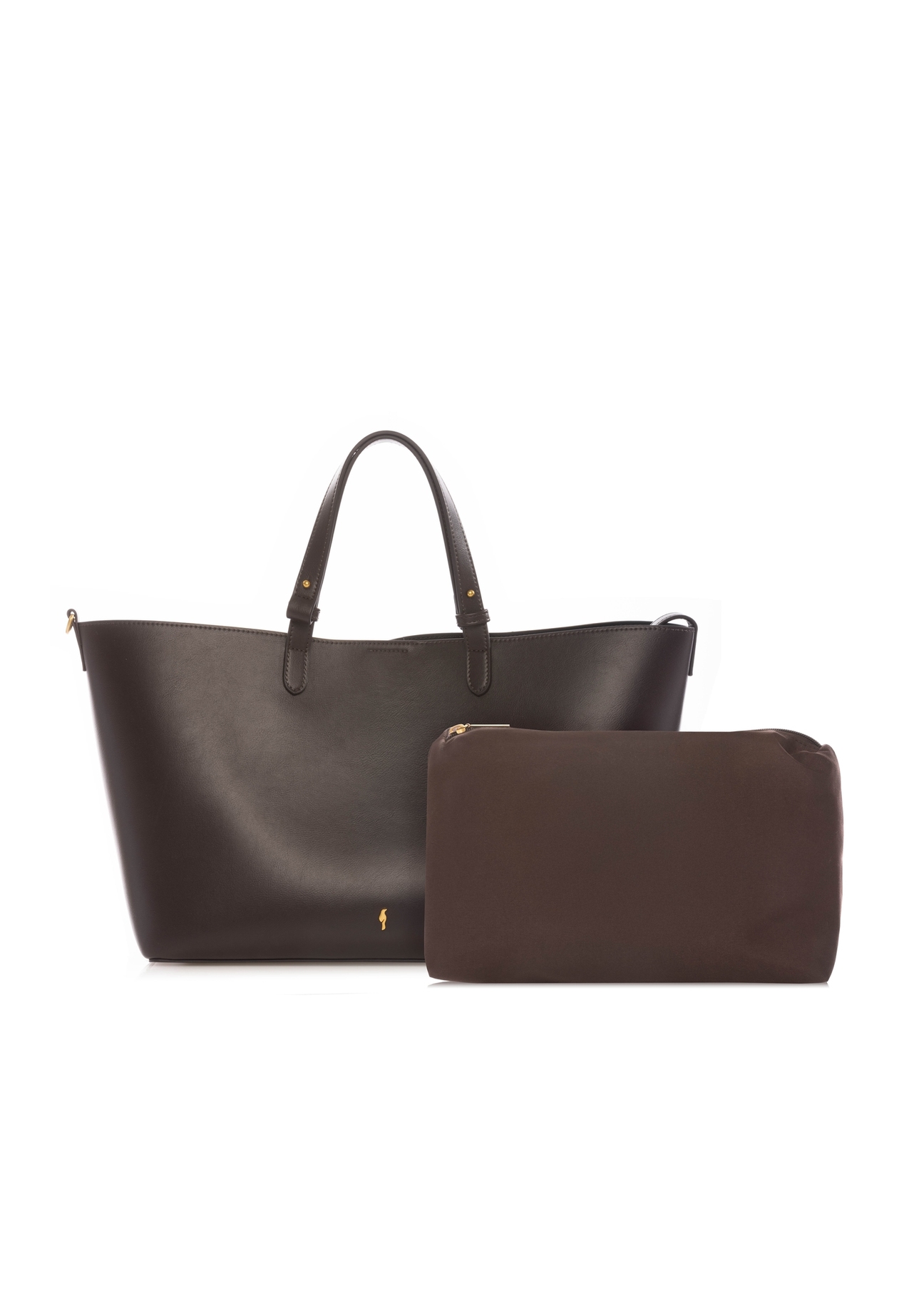 Brown women's shopper bag TOREC-1240-1H(W26), product view with cosmetic bag on white background.