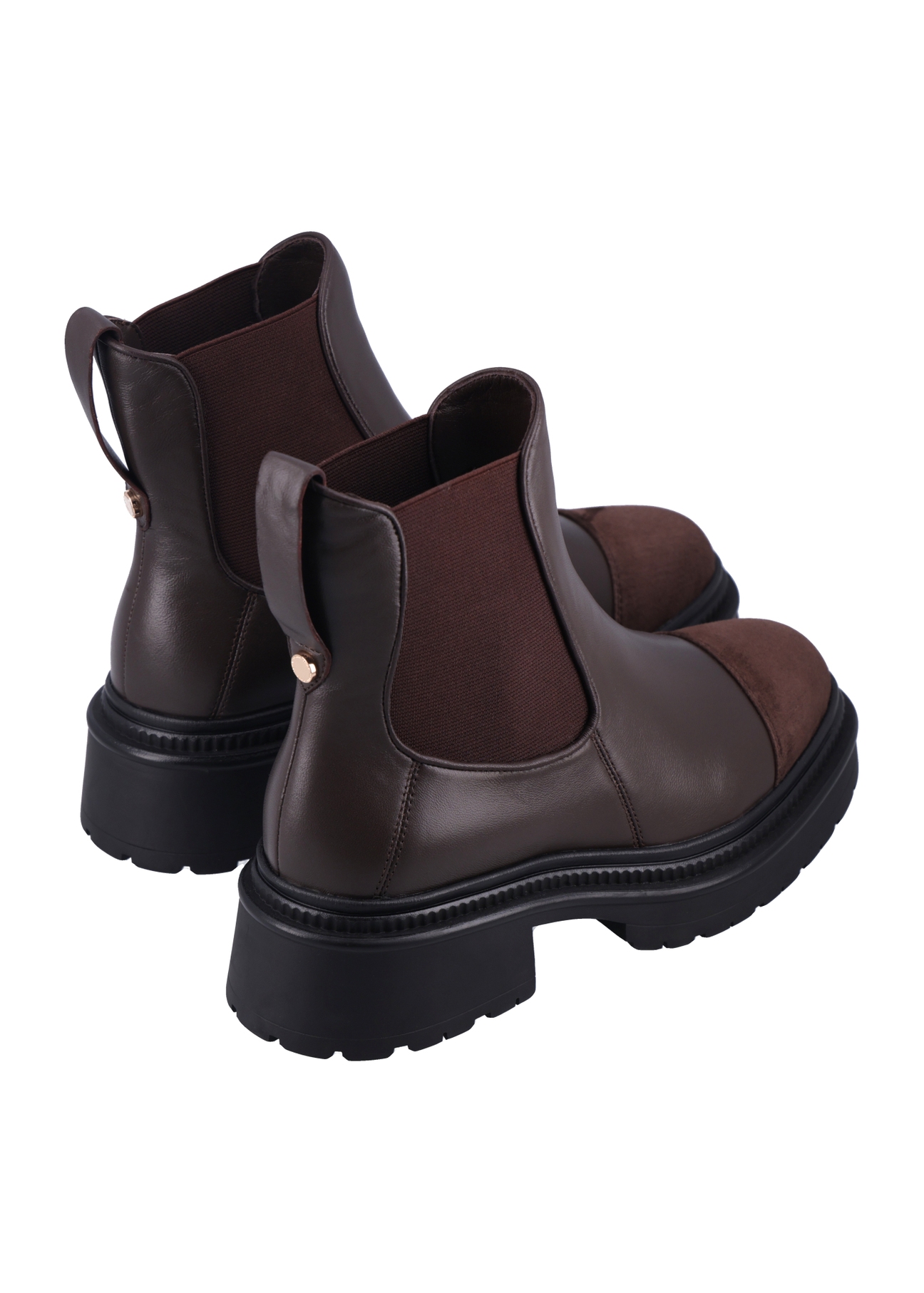 Dark brown women's Chelsea boots BUTYD-1345-1I(Z26), product view from the back on a white background.