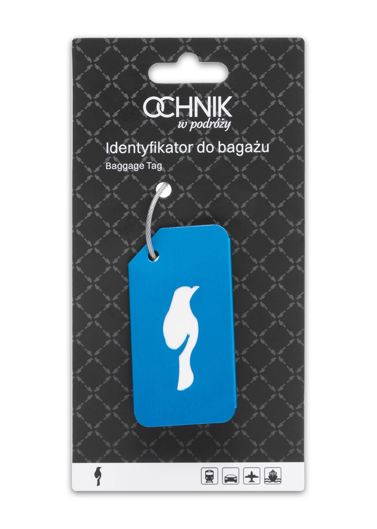 Blue luggage tag AW-012-0003-7B(W26), product view with packaging on white background.