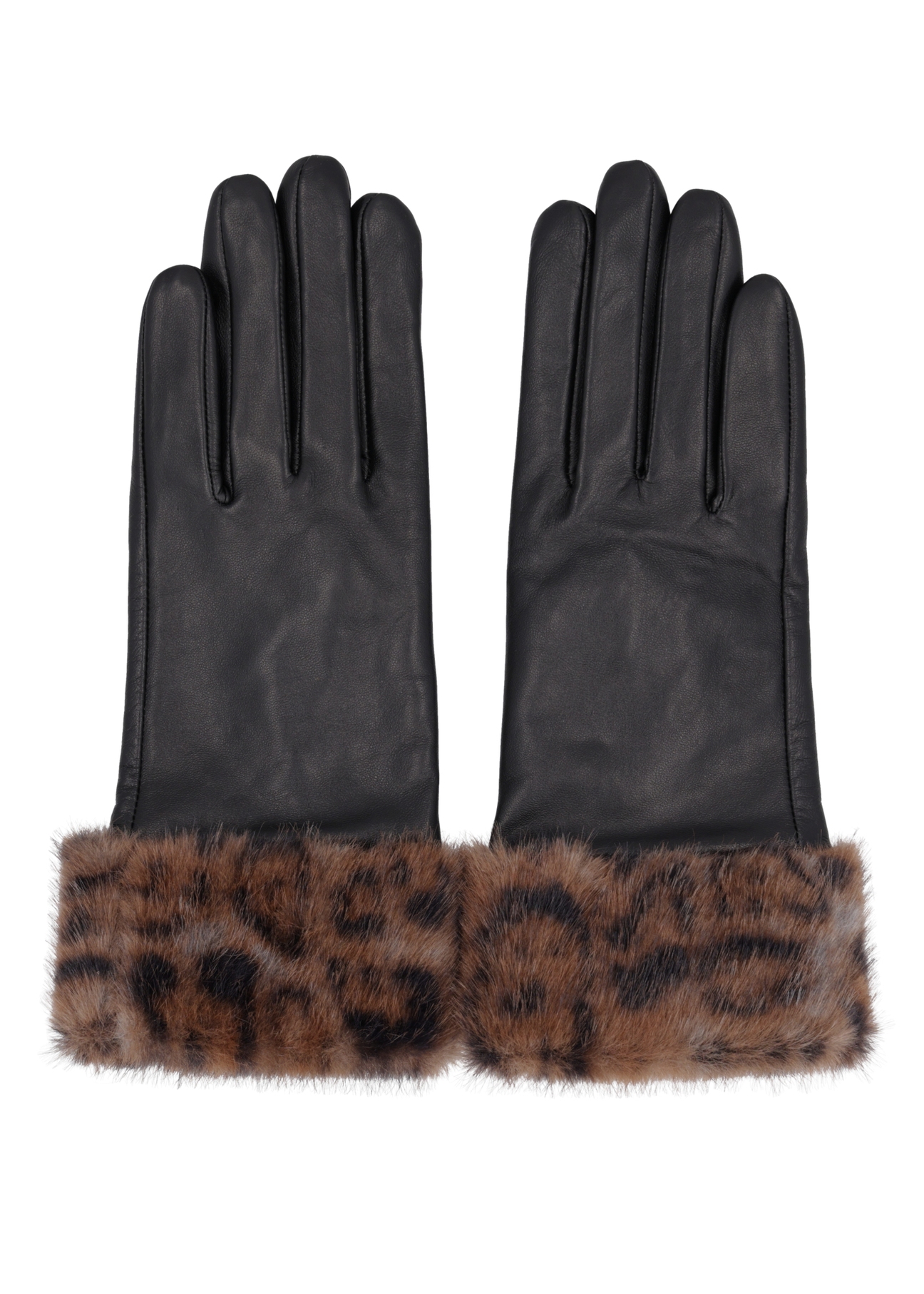 Women's black leather gloves with fur REKDS-0110-99(Z26), product view from above on white background.