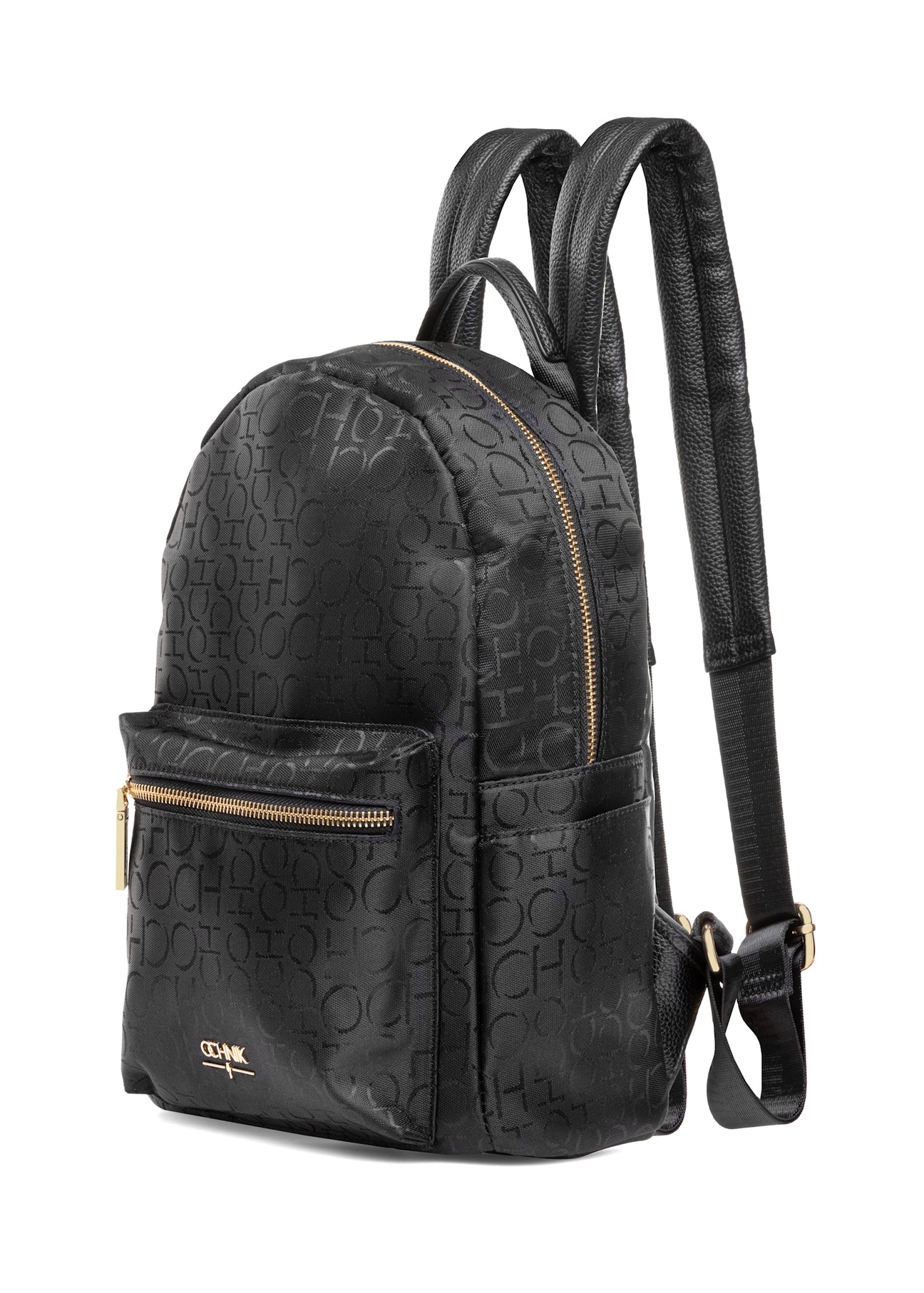 Black women's backpack with monogram TOREN-0280A-99(W25), diagonal product view on white background.