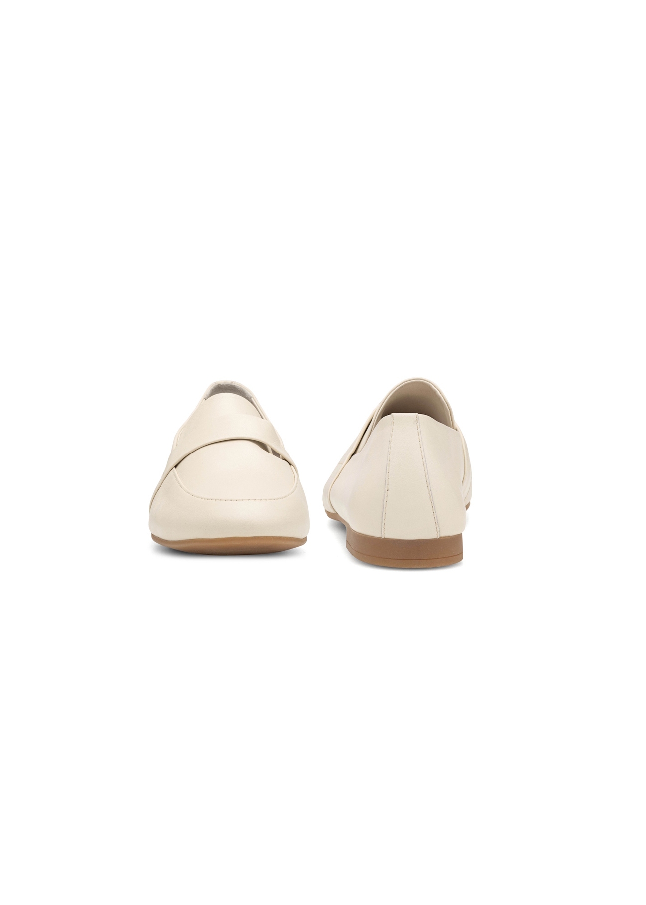 Women's leather cream moccasins BUTYD-1074A-0B(W26), front and back product view on white background.