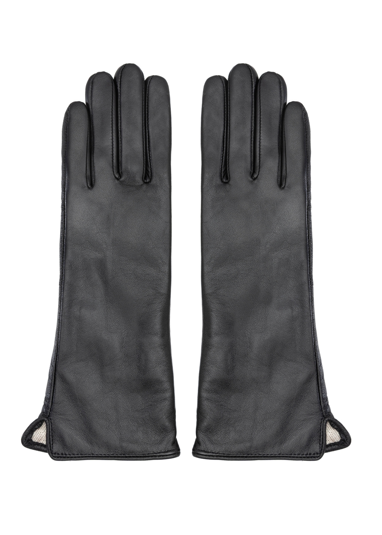 Long brown leather women's gloves REKDS-0082A-89(Z25), product view from the front on a white background.