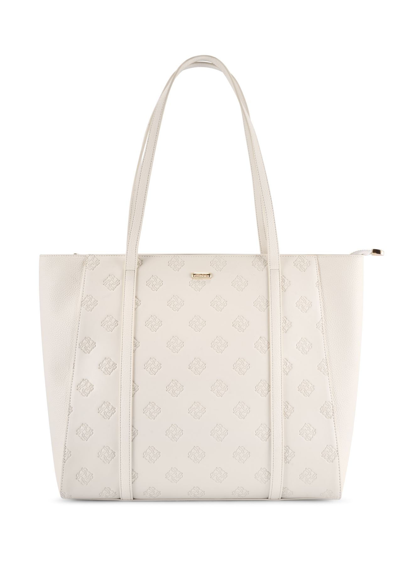 Cream monogram shopper bag TOREC-1160-0B(W26), front product view on white background.