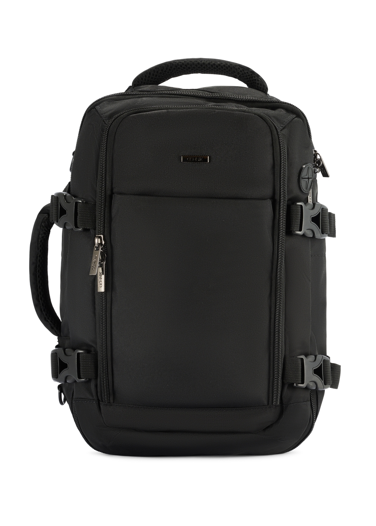 Black airplane backpack PLCMN-0017-99(Z25), product view from the front on a white background.