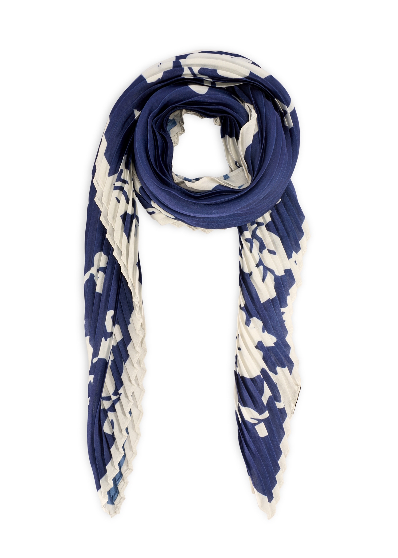 Blue women's scarf with logo SZADT-0192-7P(W26), front product view on white background.