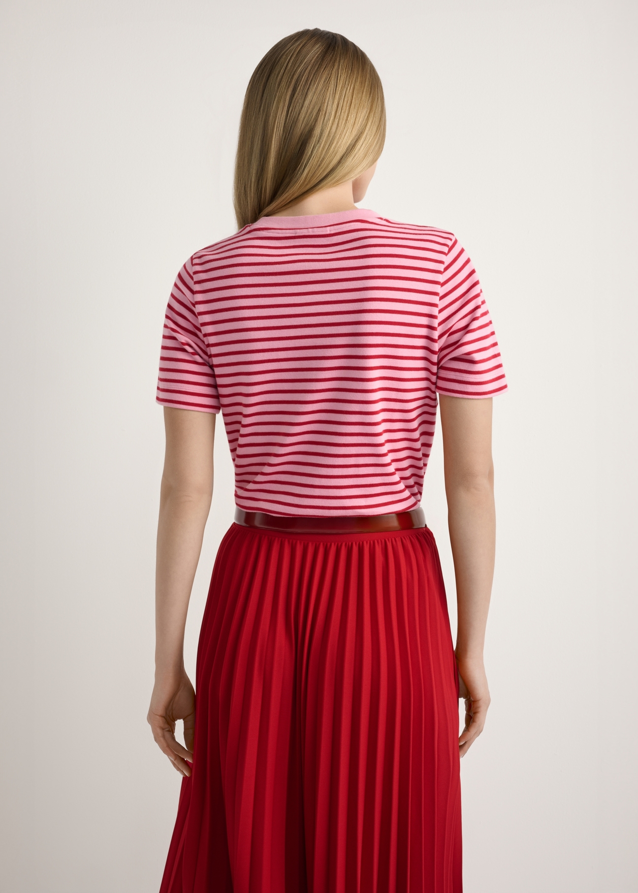 Women's Pink Striped T-shirt TSHDT-0150-5P(W26), back view of the product on the model. Half of the silhouette visible.
