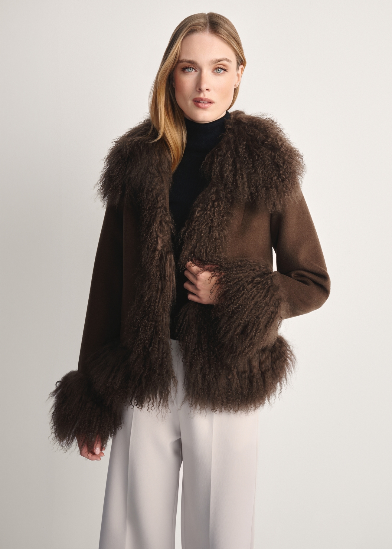 Brown woolen women's fur coat FUTDF-0113-3182(Z25) - front view of the product on a model on a white background. Half of the silhouette visible.