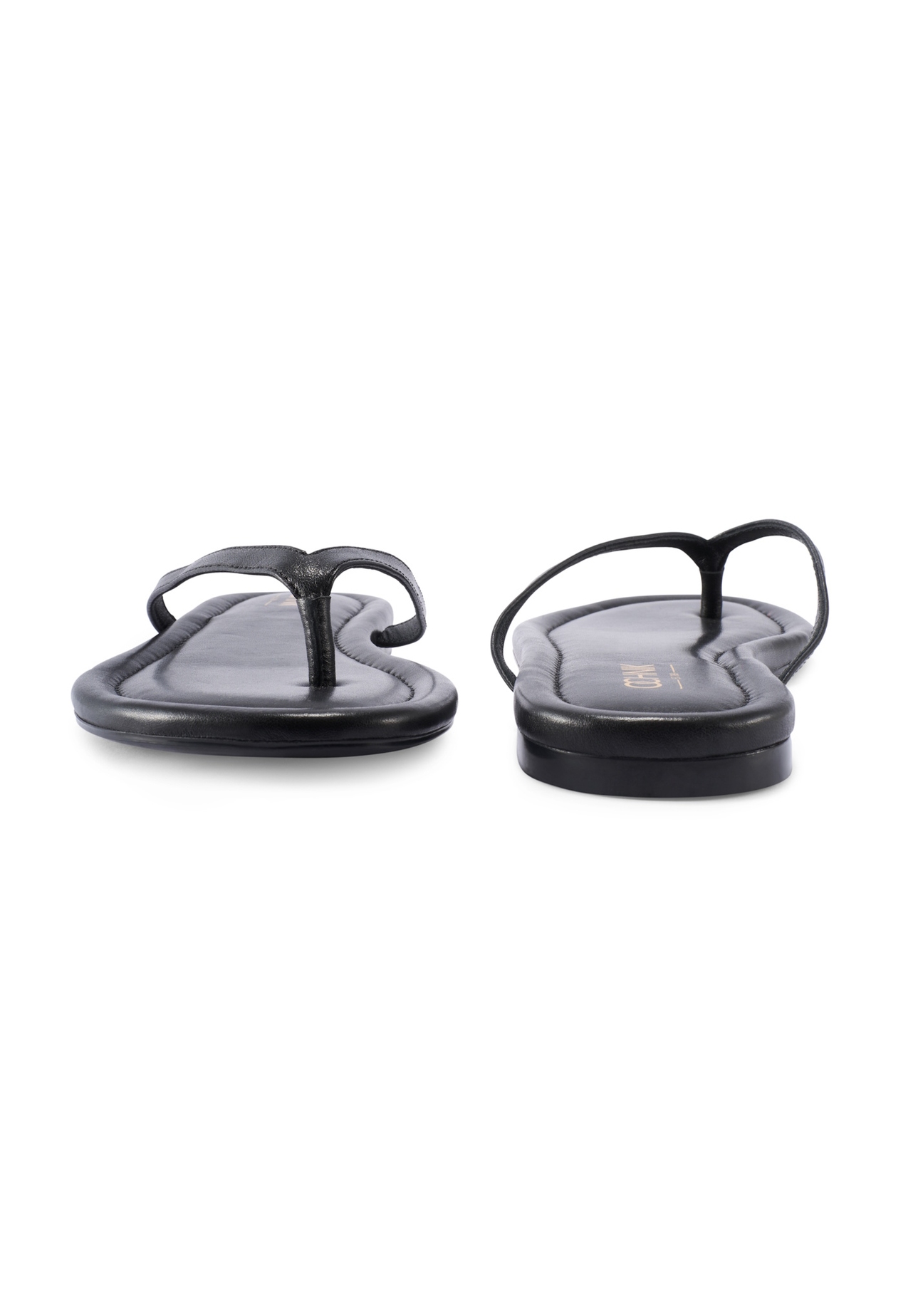 Women's black leather flip-flops BUTYD-1271-99(W26), front and back product view on white background.