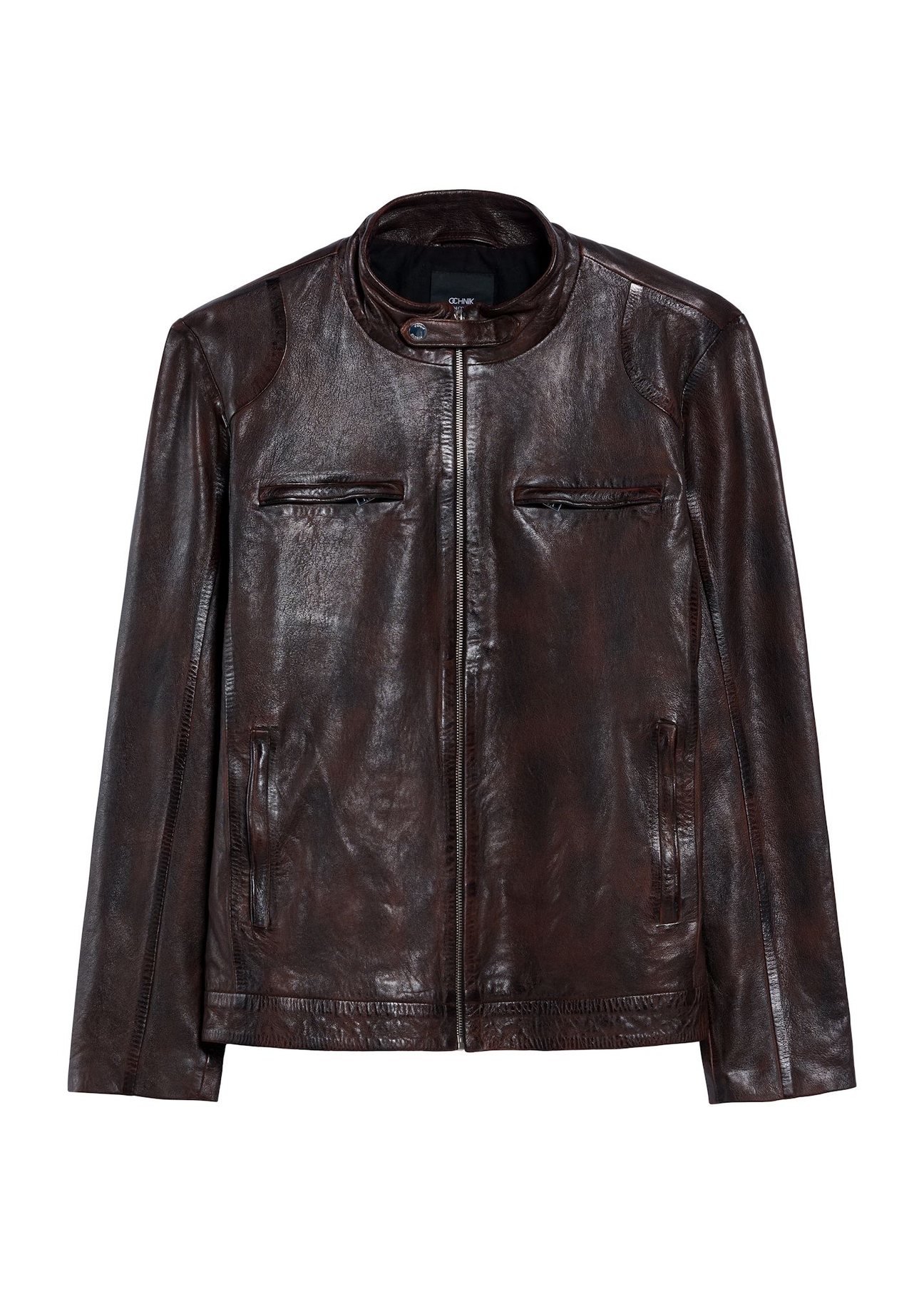 Brown men's leather jacket KURMS-0384-3340(Z25), product view from the front on a white background.
