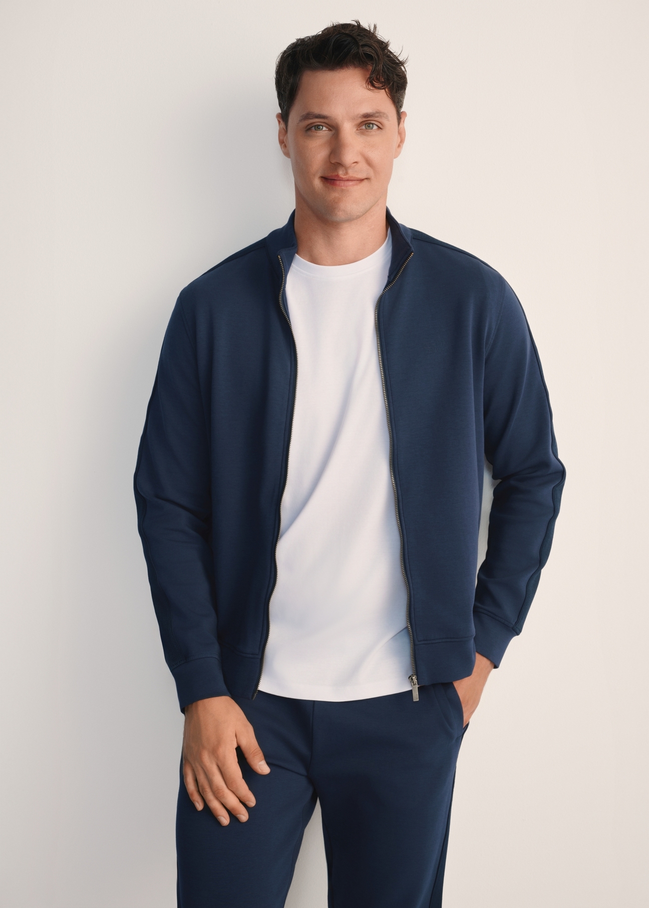 Navy blue men's sweatshirt BLZMT-0075-68(Z25), unbuttoned view on model. Half of the silhouette visible.