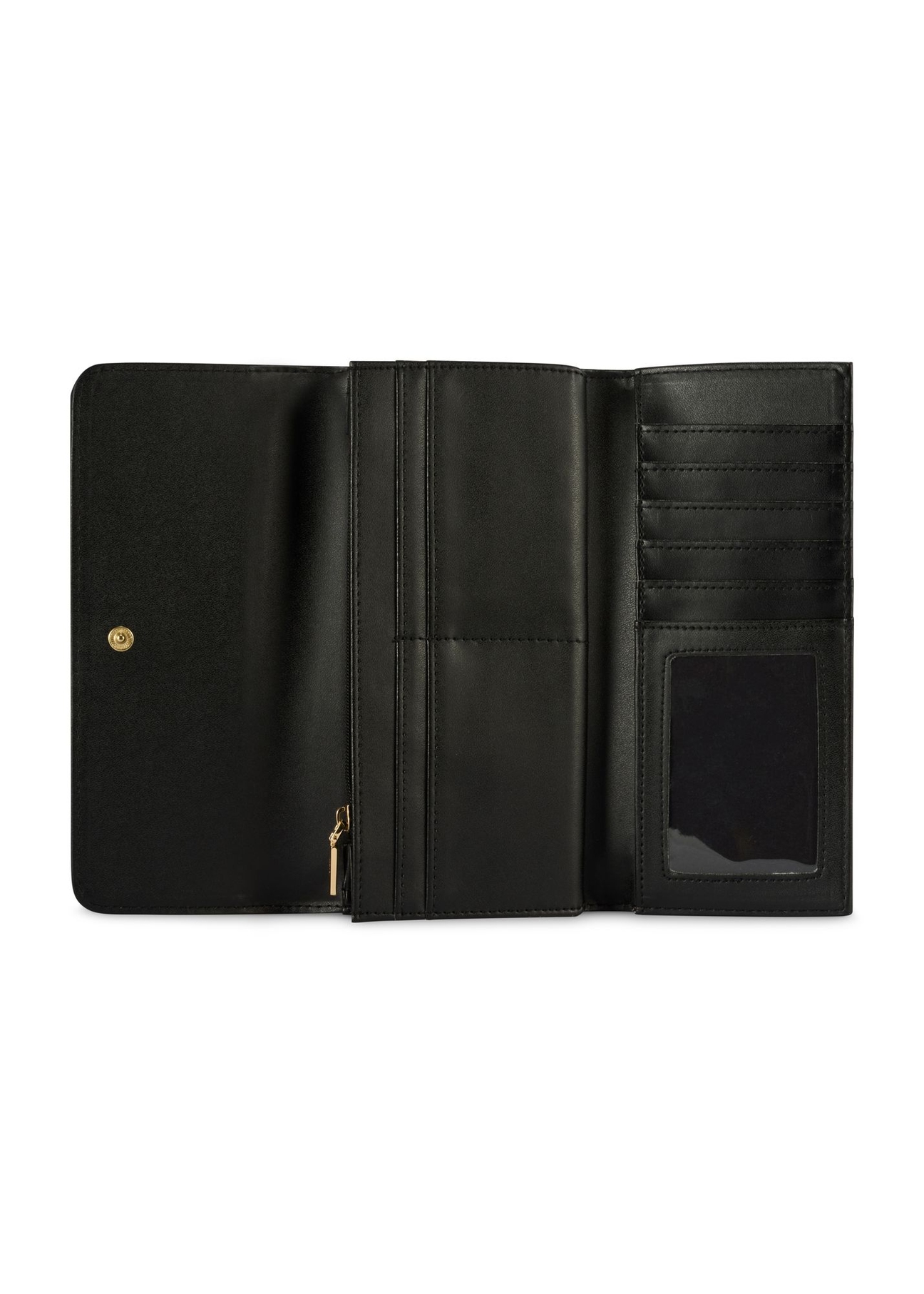 Black large women's wallet with monogram POREC-0421-98(Z25) - top view of the open product on a white background.