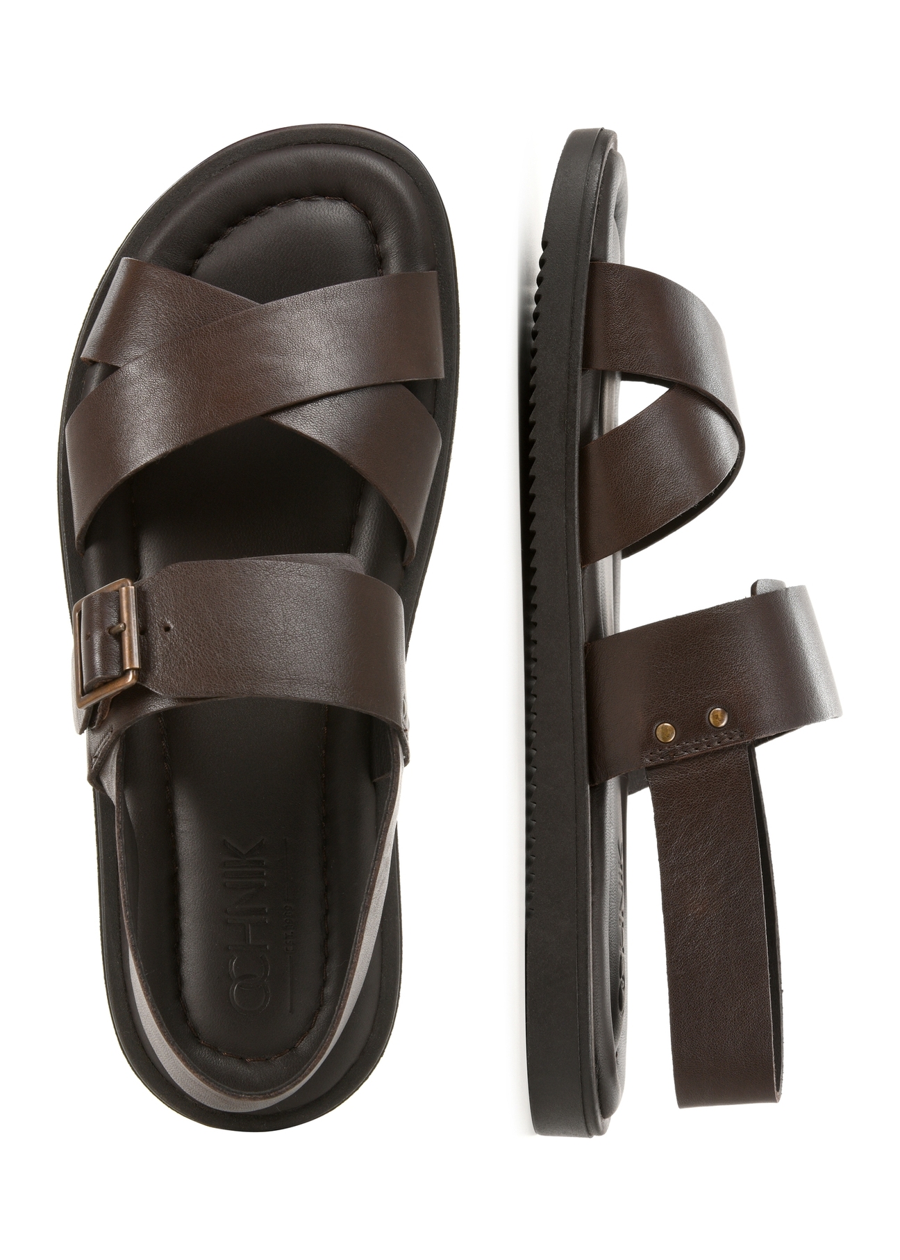 Men's dark brown leather sandals BUTYM-0537-1I(W26), top view of the product on a white background.