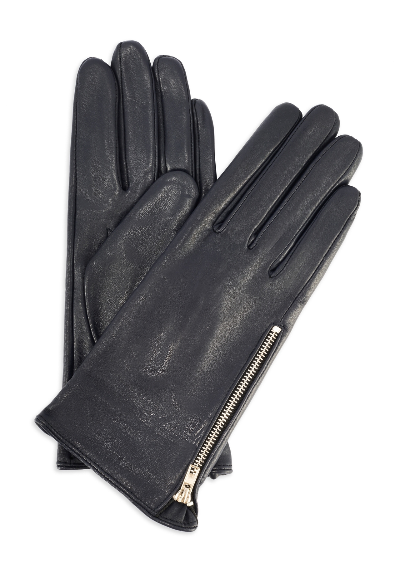 Women's leather gloves with zipper REKDS-0003A-69(Z25), product view from the front and back on a white background.