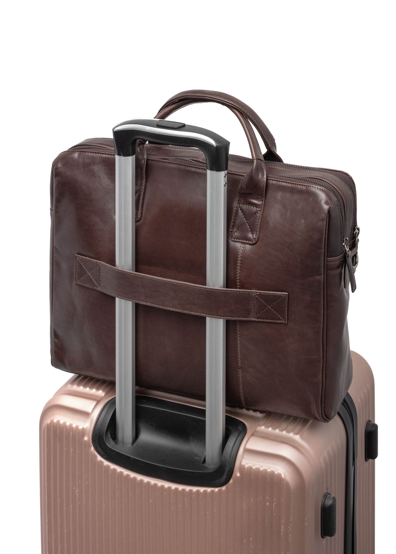 Brown leather men's bag TORMS-0460-1H(Z26), product view from the back on a suitcase on a white background.