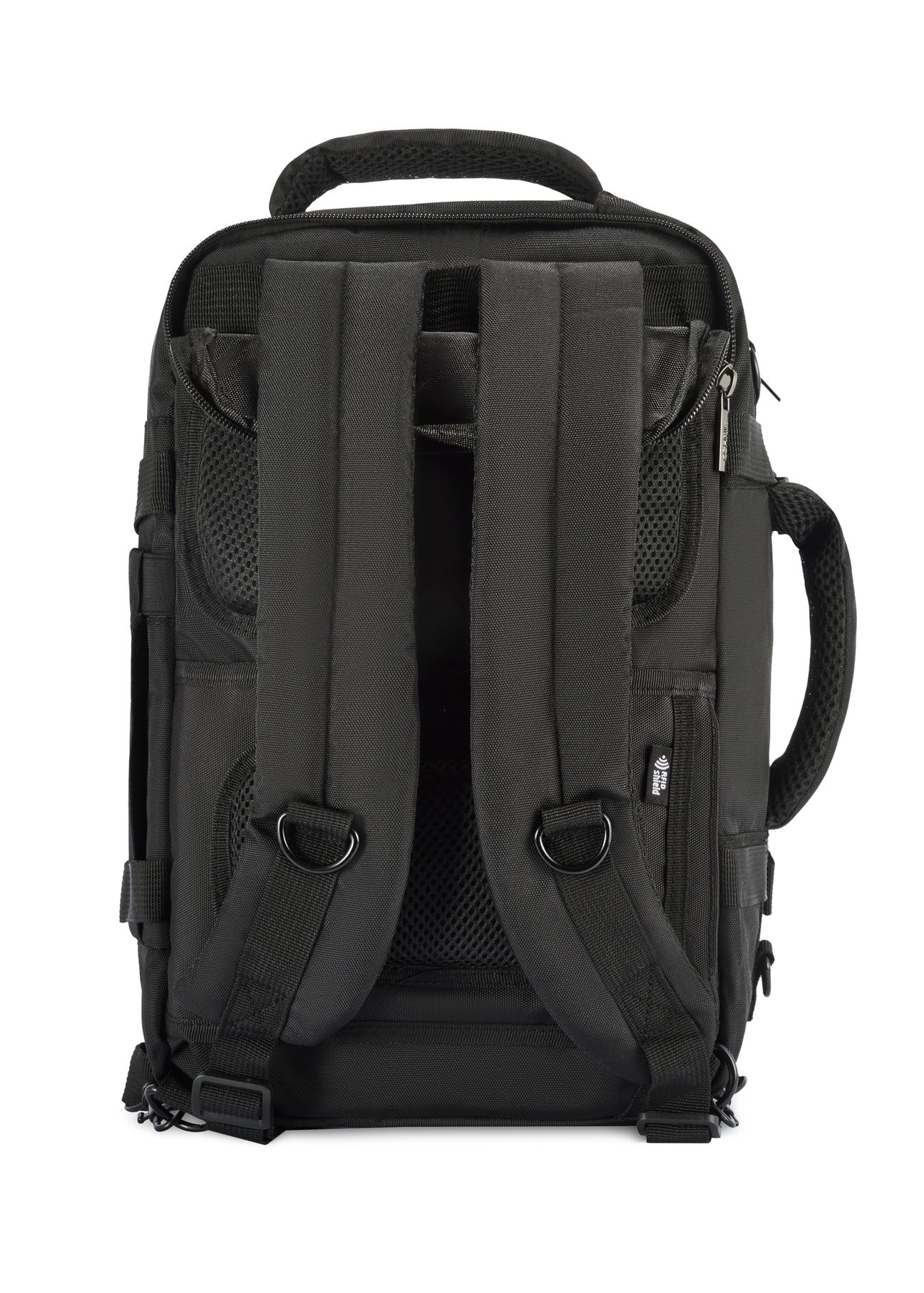 Black PLCMN-0017-99(Z25) airplane backpack, product view from the back on a white background.-02