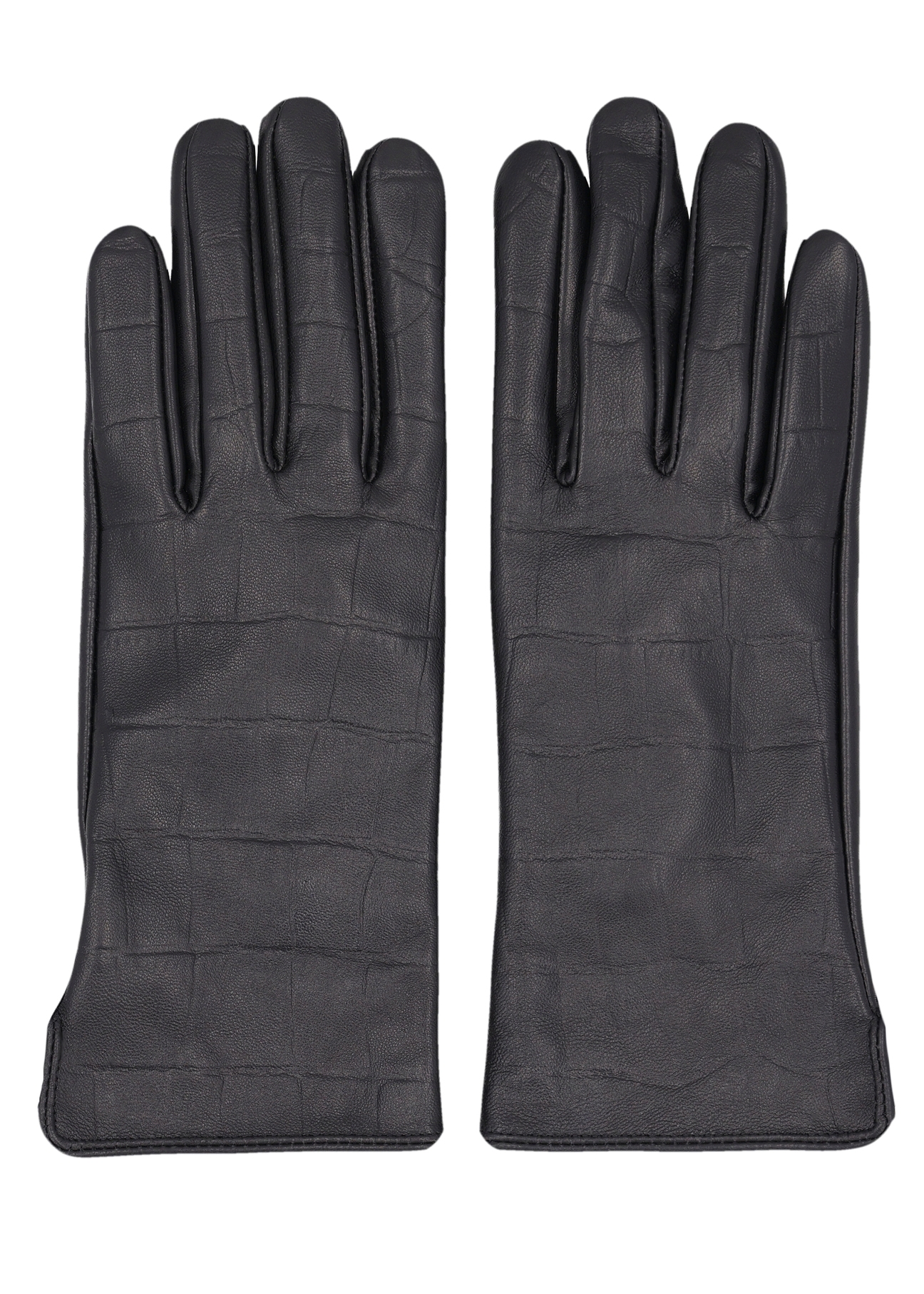 Women's black croco leather gloves REKDS-0001A-9G(Z26), product view from the front on a white background.