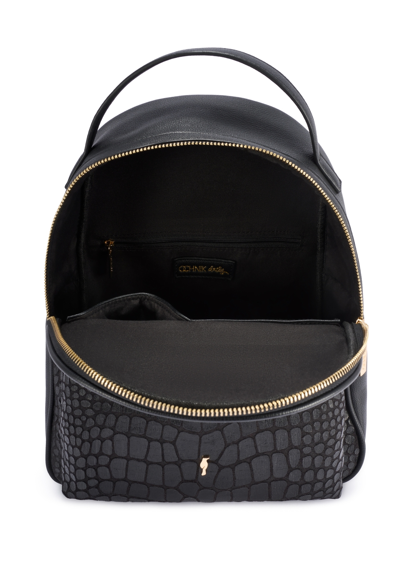 Black medium women's croco backpack TOREC-0920-9G(W26), product view from the inside on a white background.