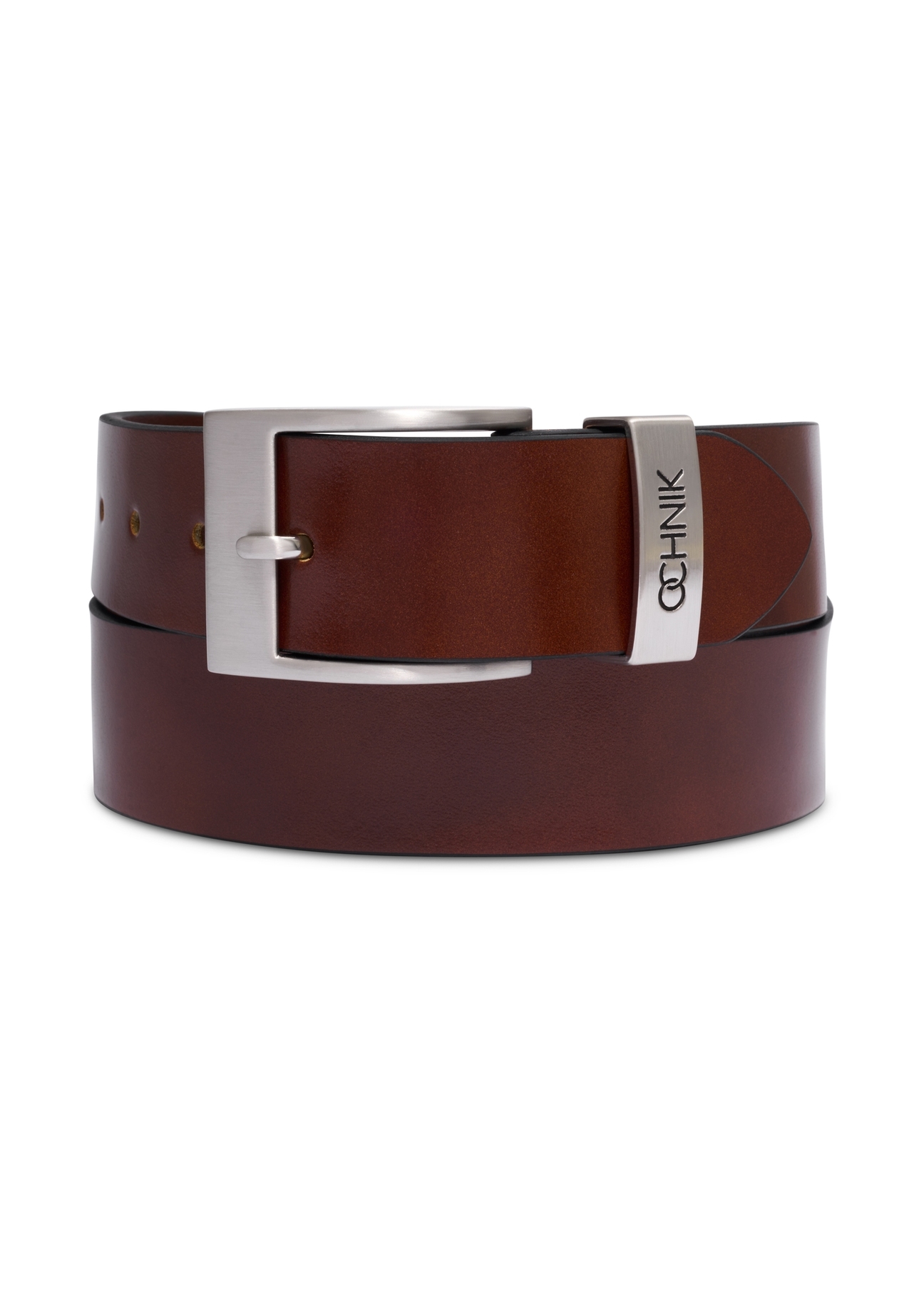 Men's cognac-colored leather belt PASMS-0127-1F(Z26), front view of the product on a white background.