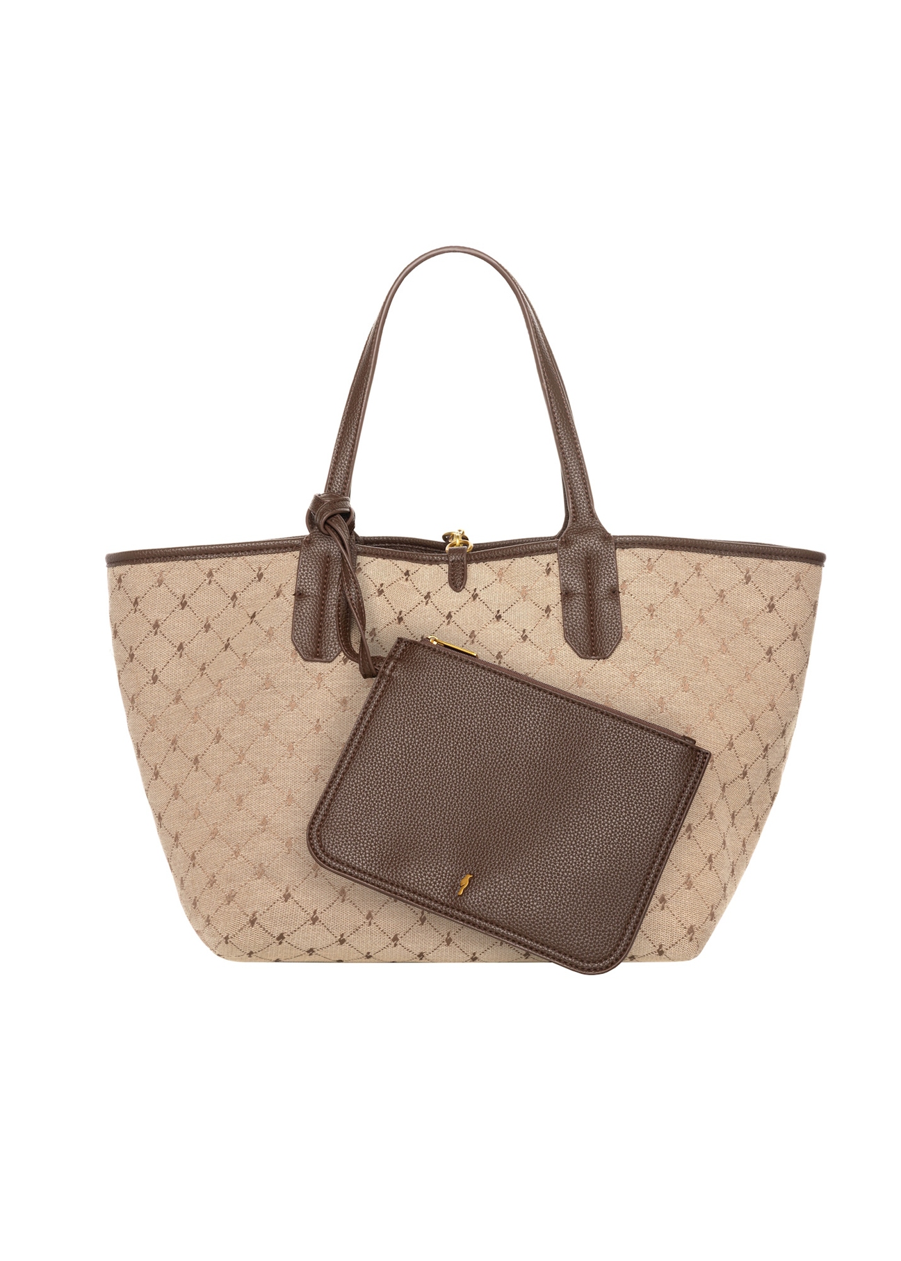 Reversible women's handbag with monogram TOREN-0359-1B(Z26); product view with cosmetic pouch on a white background.