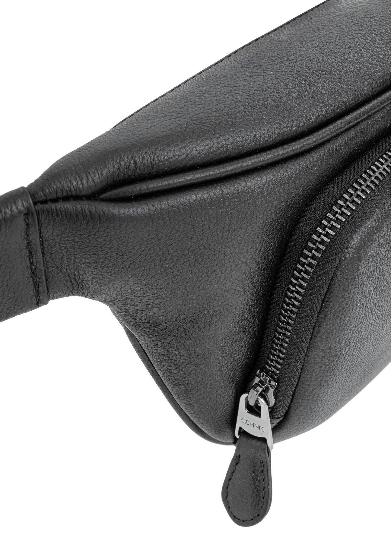Men's black leather waist bag TORMS-0280R-9I(W26) - close-up detail, on white background.