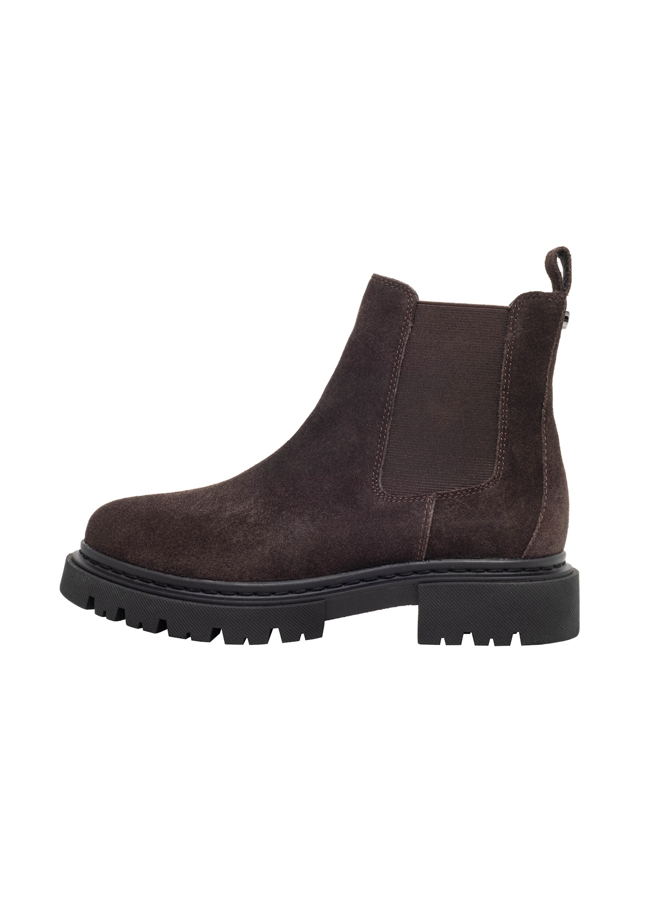 Dark brown suede women's Chelsea boots BUTYD-1093-1I(Z26), side view of the product on a white background.