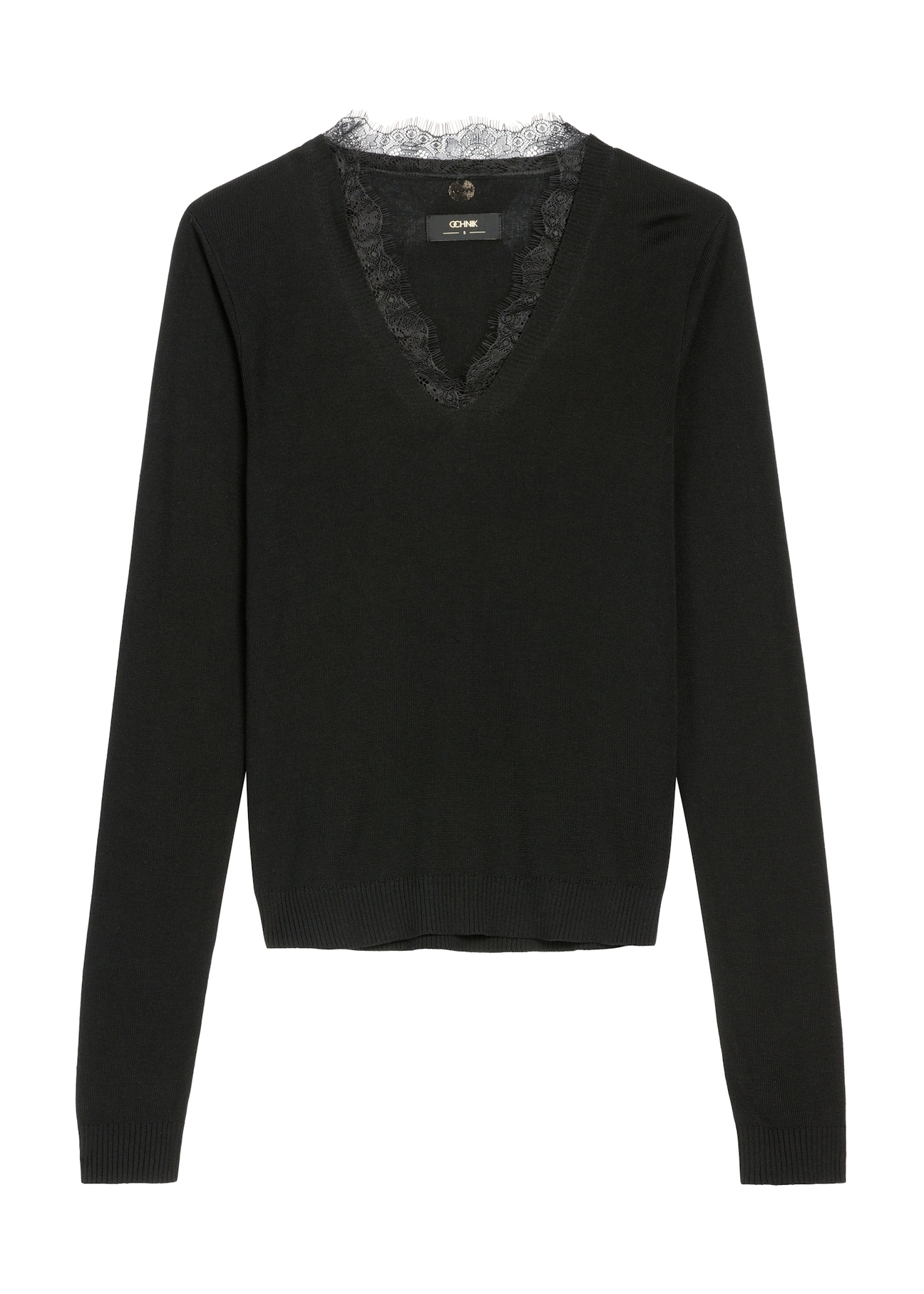 Thin black women's sweater with lace accent SWEDT-0262-99(Z26), product view from the front on the model. Full body visible.