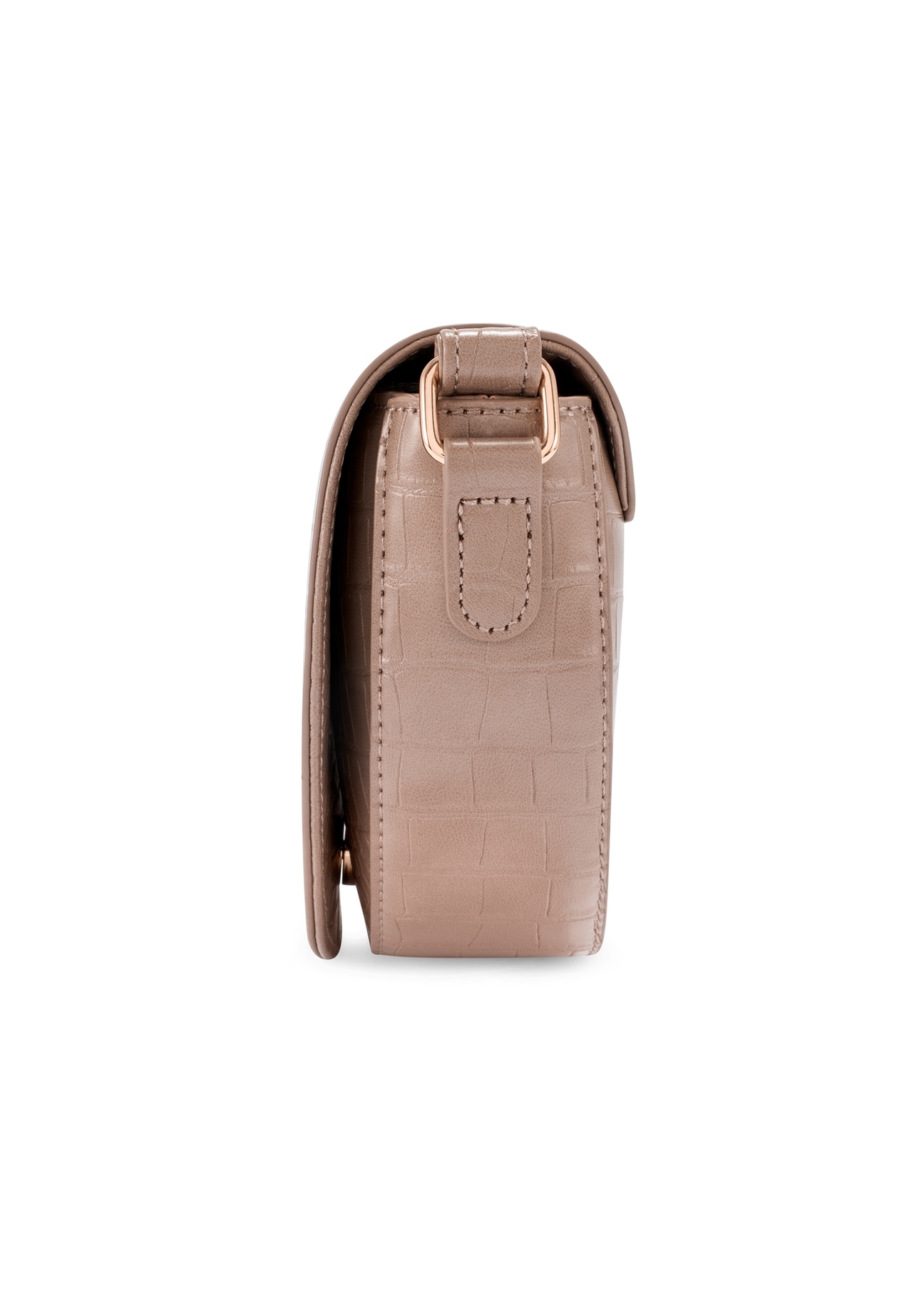 Beige semi-circular women's messenger bag TOREC-1184-1D(W26), product view from the side on a white background.