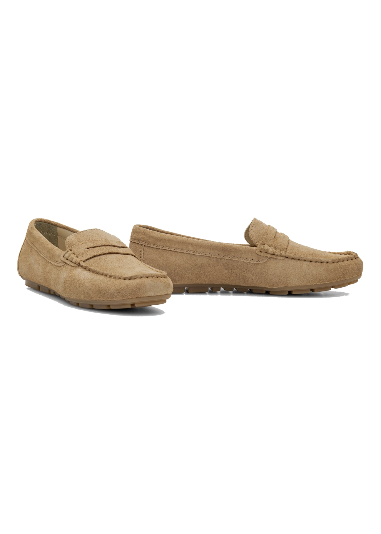 Women's leather moccasins in cool beige color BUTYD-1262-1K(W26), diagonal product view on a white background.