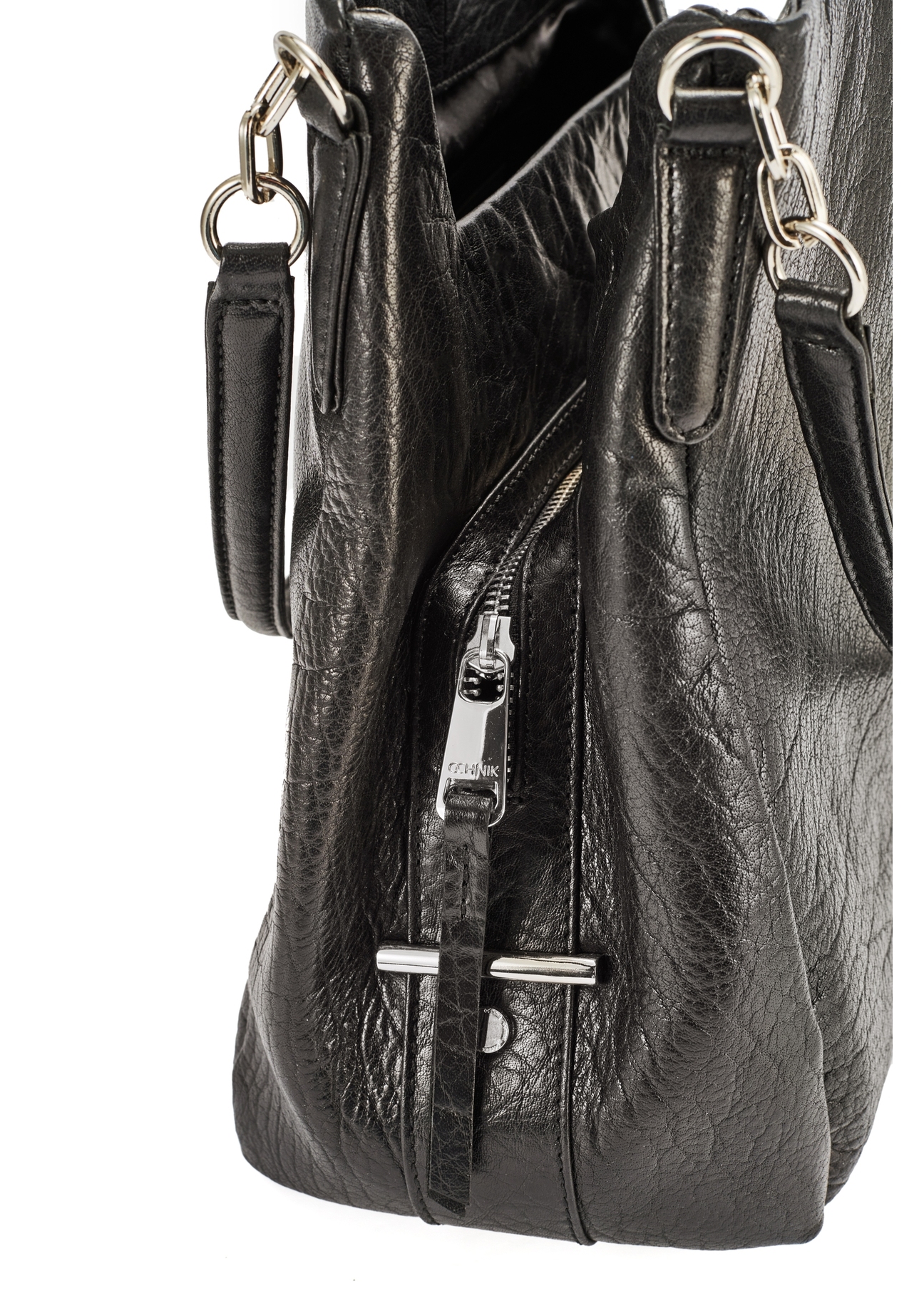 Black leather women's shopper handbag TORES-0636D-99(Z25), visible close-up of detail, view on white background.