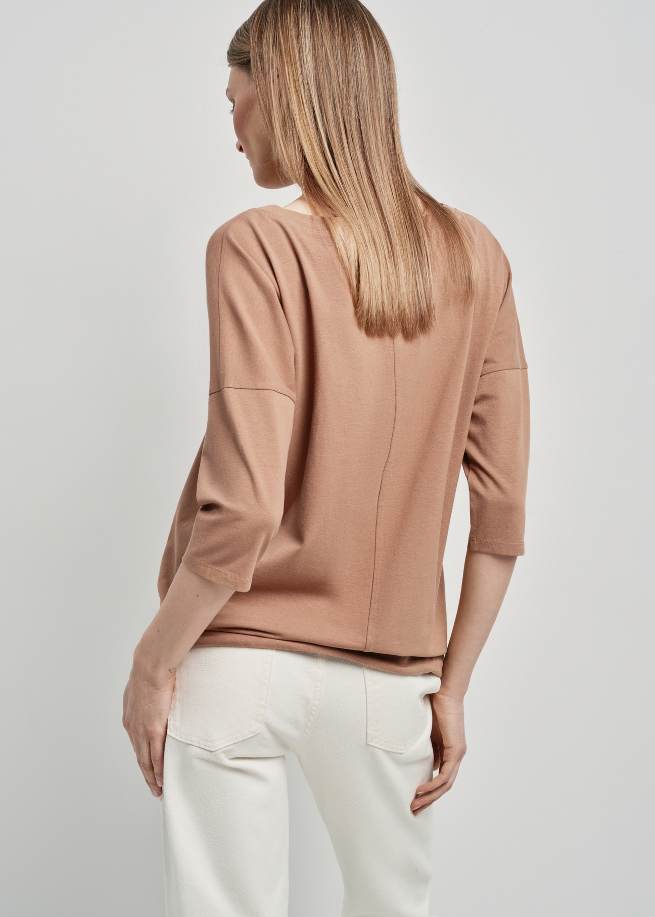 Women's ribbed blouse in camel BLUDT-0174-24(W24)-02