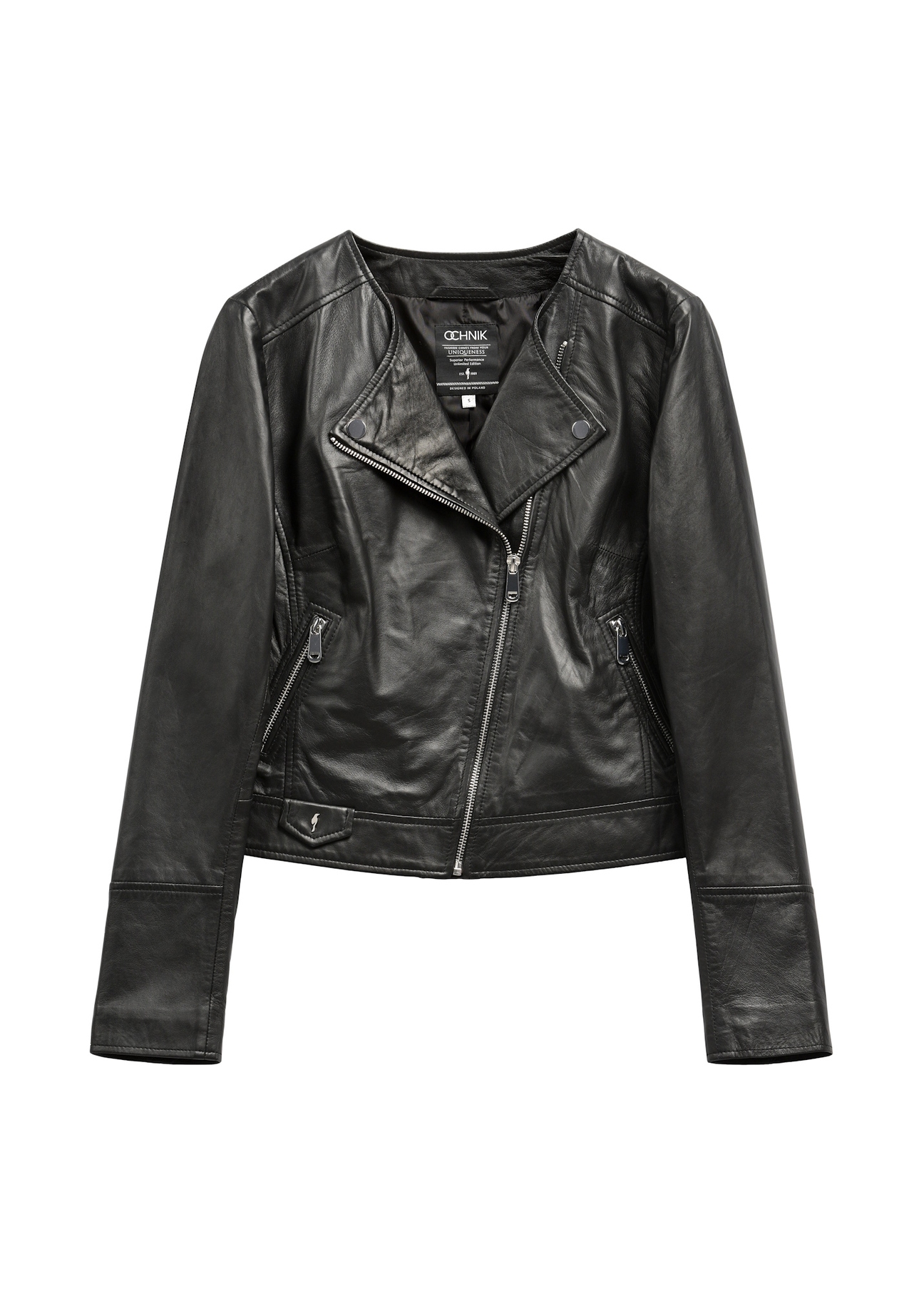 Women's black leather biker jacket KURDS-0273-99(KS) - front product view, on white background.