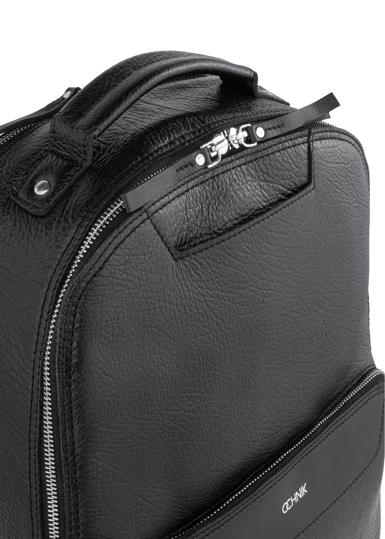 Large black leather men's backpack PLCMS-0019A-99(Z25) - close-up of detail on white background.