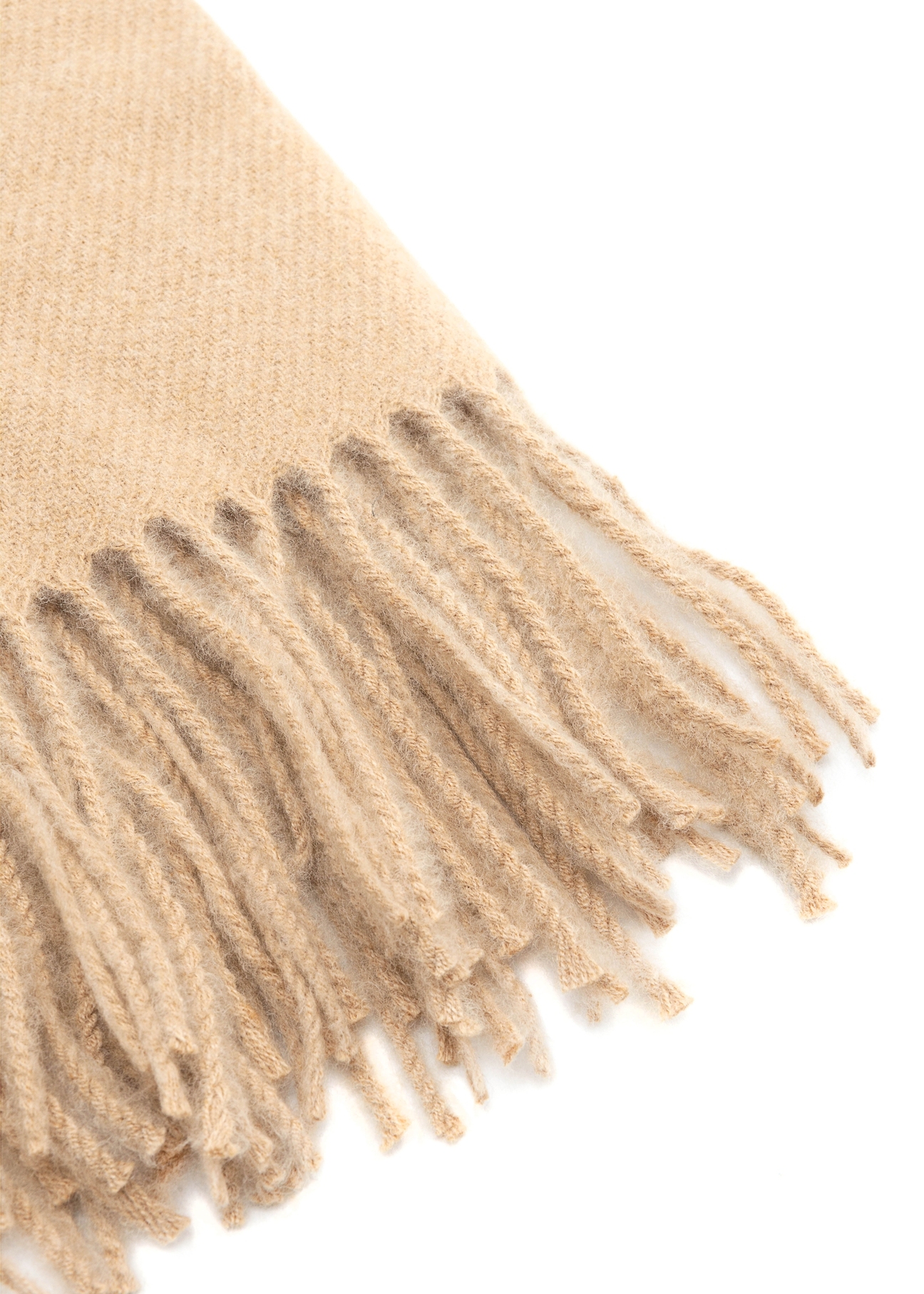 Beige women's scarf with a wool blend SZADT-0146-81(Z25), close-up of the product detail, view on a white background.