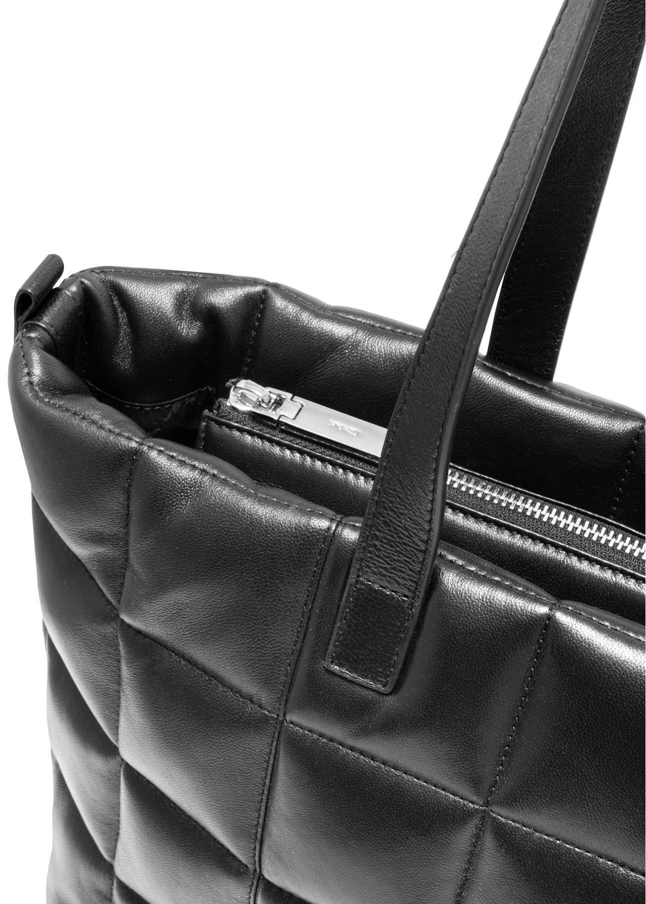 Large black leather quilted handbag TORES-1196-99(Z25), close-up view of the product detail on a white background.